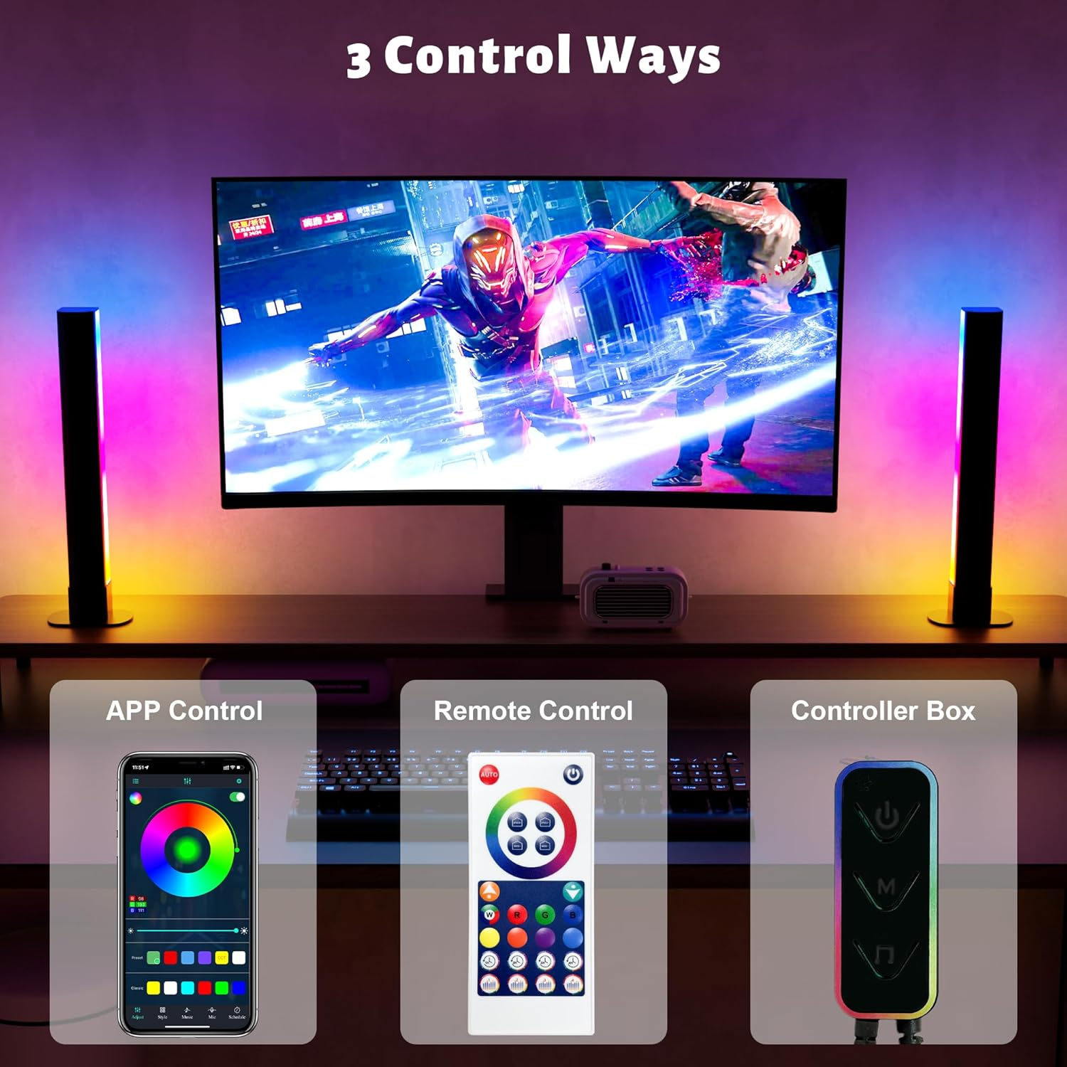 Cozylady LED Light Bars, 11Inch RGB TV Backlight, 2Packs Music Sync LED Lamps 28Cm with Rainbow Multiple Lighting, Dimmable LED Desk Lights for Gaming Movies PC TV Room Decoration Room image number 5