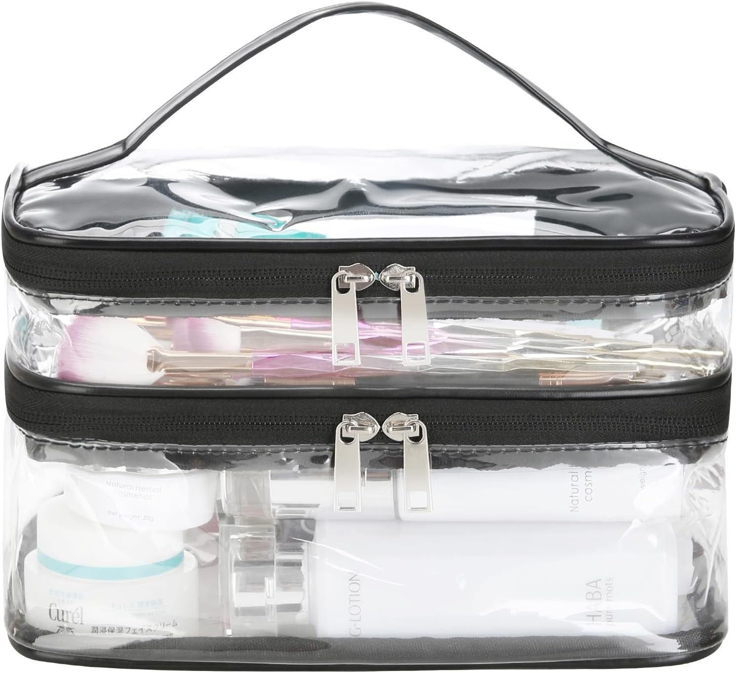 HAOGUAGUA Double Layer Clear Cosmetic Bag Makeup Bag, Waterproof Travel Toiletry Bag, Transparent PVC Pouch Organizer, Pink Large, Double Layer Clear Cosmetic Bag
