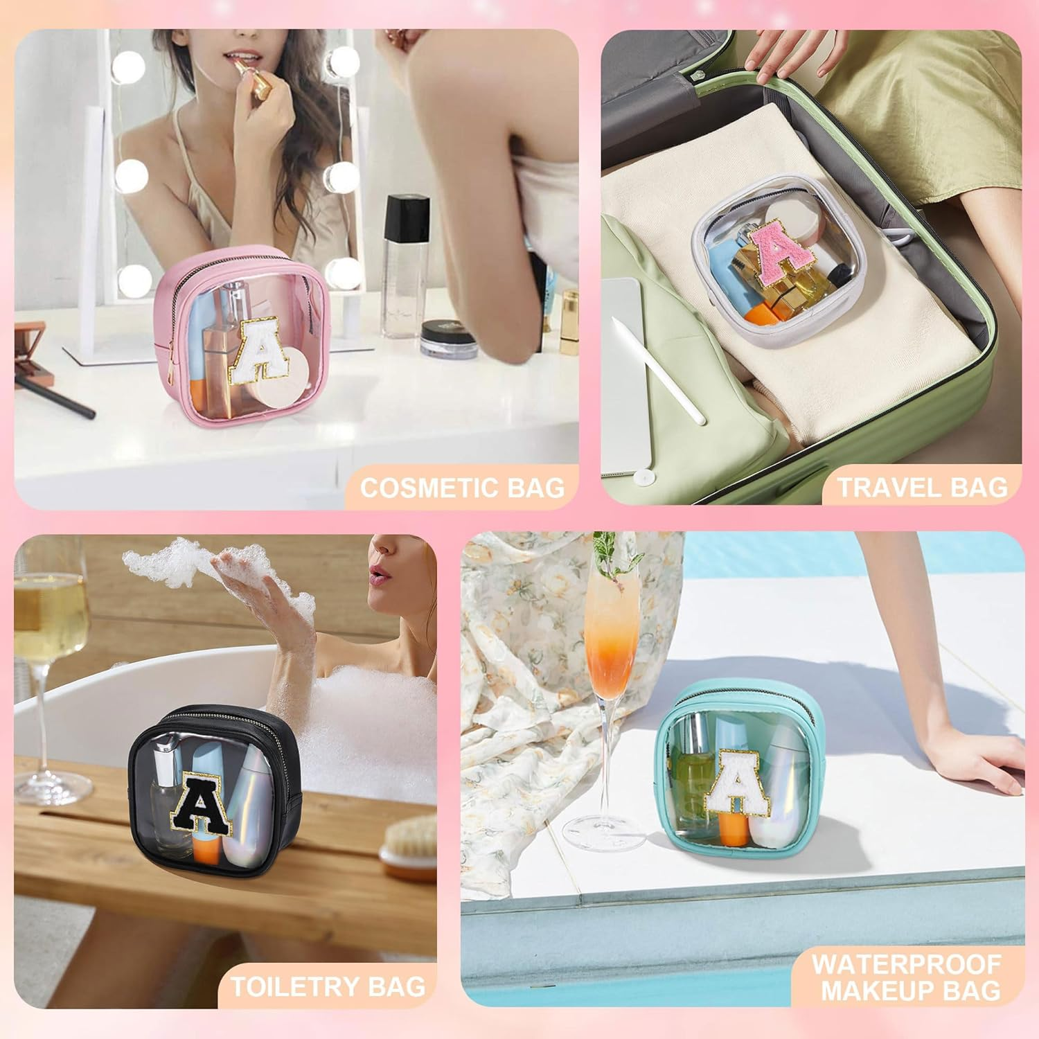 Parima Transparent Cosmetic Bag - Small Cosmetic Bag Travel Toiletry Bag Cosmetic Bag with Letters Gifts for Friends Girls Sister Personalised Cosmetic Bag for Girls Women, Pink, J image number 2