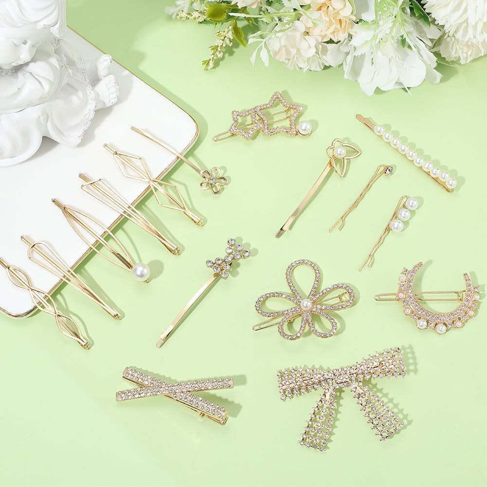 SOFPLATE Pack of 21 Pearl Hair Clips Bobby Pin Hair Clips Made of Metal Gold Butterfly Flowers Bow Leaf Alloy Elegant French Decorative Headpiece Accessories for Long Short Wedding image number 1