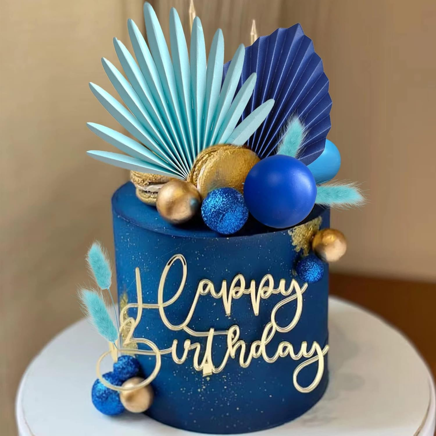 38 PCS Balls Cake Toppers Palm Leaves Cake Decorations for Birthday Wedding Baby Shower Party Supplies (Blue) - Purple image number 5