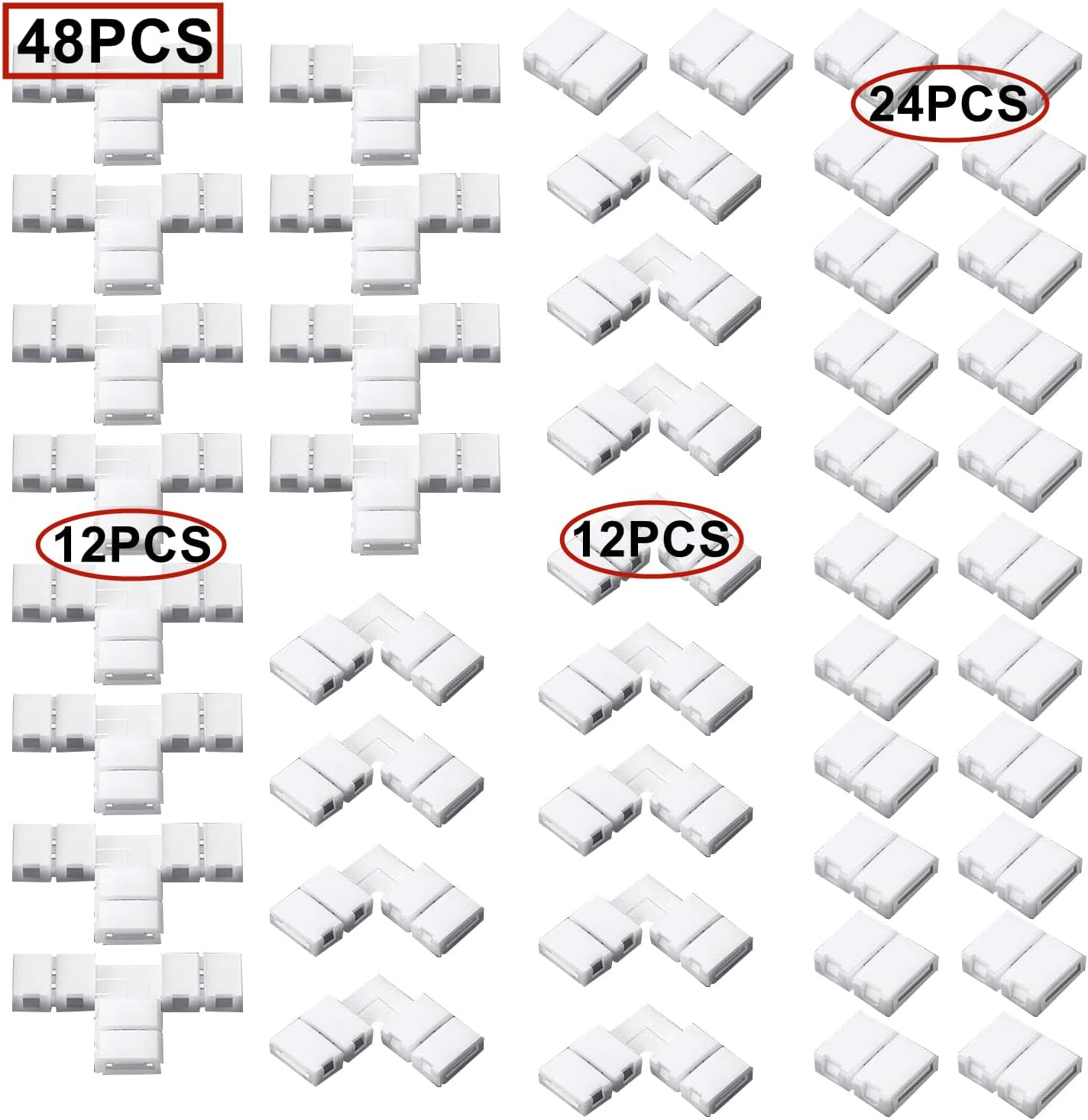 Pack of 48 2 Needle LED Strip Connectors, Light Connectors, T Shape L Shape Gapless Solderless Connectors, LED Adapter Light Extension Connector for 3528 2835 SMD RGB LED Strip Light (8 Mm)