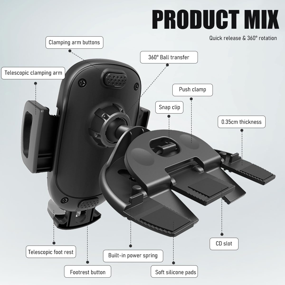 Car Phone Holder for CD Slot, Magnetic or One Button Release Hands Free Car Phone Holder, Silicone Pad Protection and 360&deg; Rotation Cell Phone Mount, Car Accessories image number 4