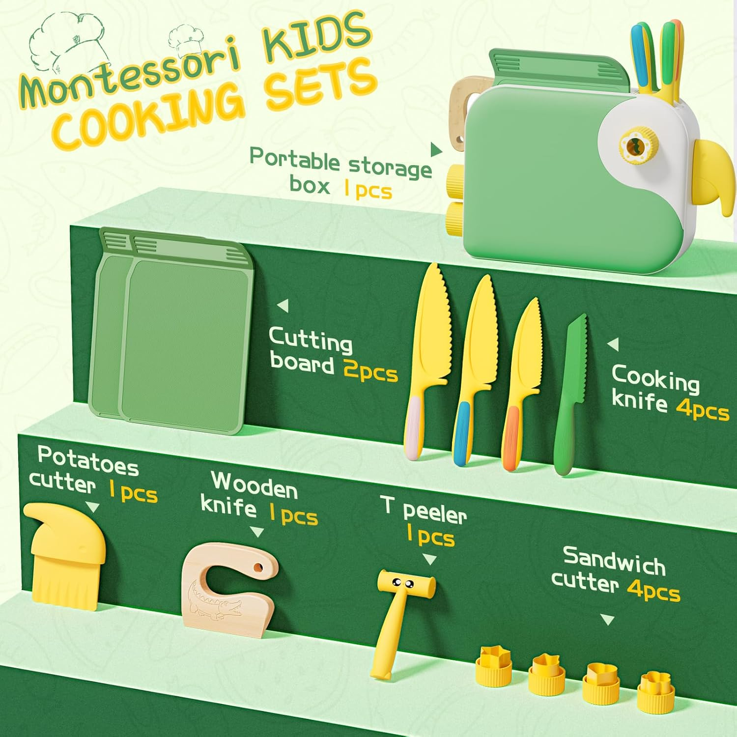 Child Kids Knife Set - 14Pcs Toddler Montessori Kitchen Tools for Real Cooking with a Storage Box, Safe Knives, BPA Free, Kids Cooking Sets | Montessori Toy for Boy and Girls Age 3+ image number 4