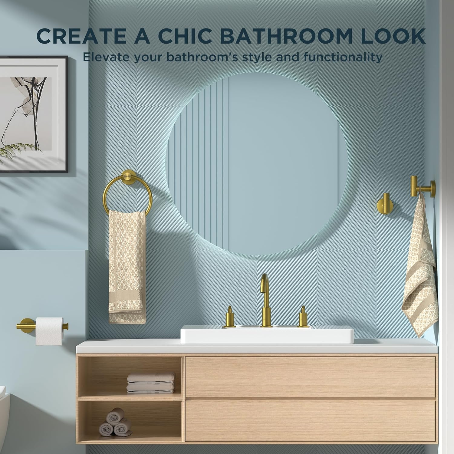 FORIOUS Toilet Roll Holder Set 4 Piece, SUS304 Stainless Steel Wall Mounted, Bathroom Hardware Set with Hand Towel Ring and TP Holder and Towel Hooks, Gold - Gold image number 2