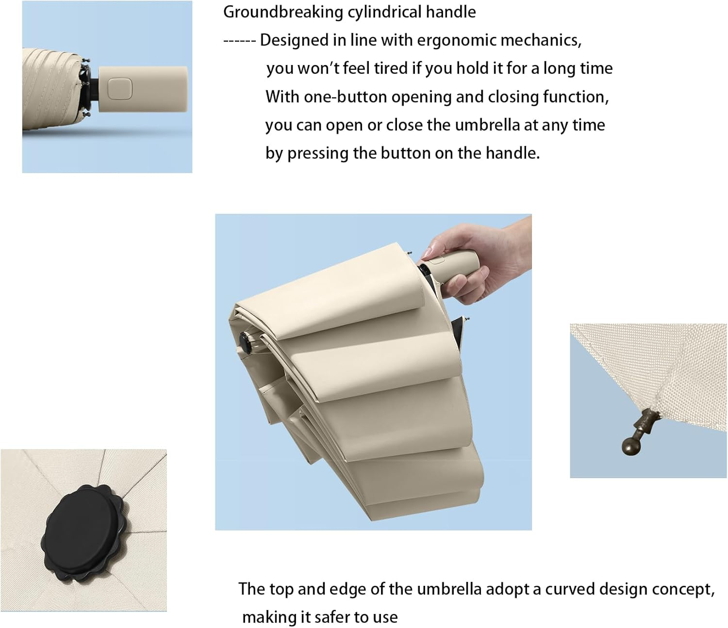 Travel Folding Umbrella Coating Layer Fabric Blocking/Portable Golf/Car Compact Umbrella/Lightweight Small Backpack/Rain Sun Automatic Open/Close anti UPF 50 UV Protection 99.9% /Men Women Kids - Beige image number 3