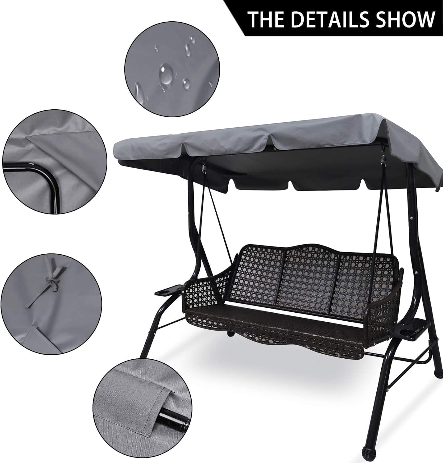 Outdoor Patio Swing Chair Canopy Replacement, 3 Seater Porch Swing Seat Canopy Cover, Waterproof Windproof Anti-Uv Heavy Duty Rip Proof Garden Hammock Top Cover, Garden Furniture Covers (Grey, Large) image number 2