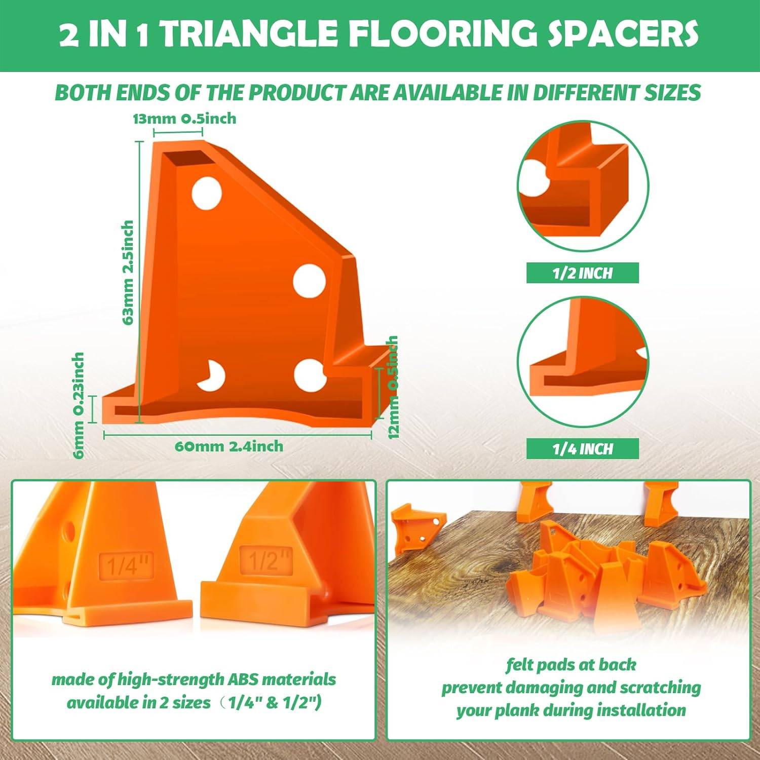 53Pcs Laminate Wood Floor Installation Kit Includes 40 Spacers, Tapping Block, Heavy Duty Mallet, Widen Pull Bar and 2 in 1 Flooring Spacers with 1/4&rdquo;& 1/2 Gaps for Home Improvement