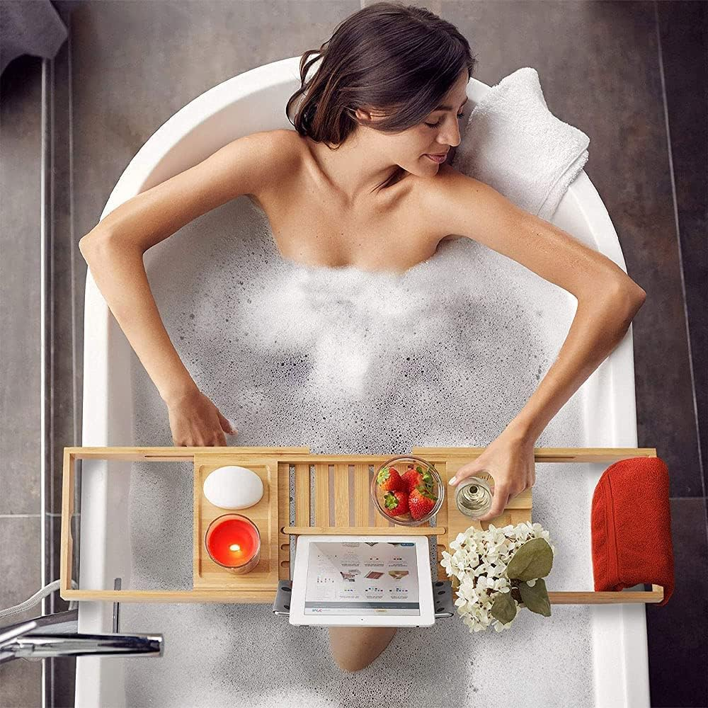Bathtub Caddy Tray, 1 or 2 Person Bath and Bed Tray, Bath Tub Table Caddy with Extending Sides - for Tablet, Book, Phone, Wine Glass, Candles, and Soap image number 6