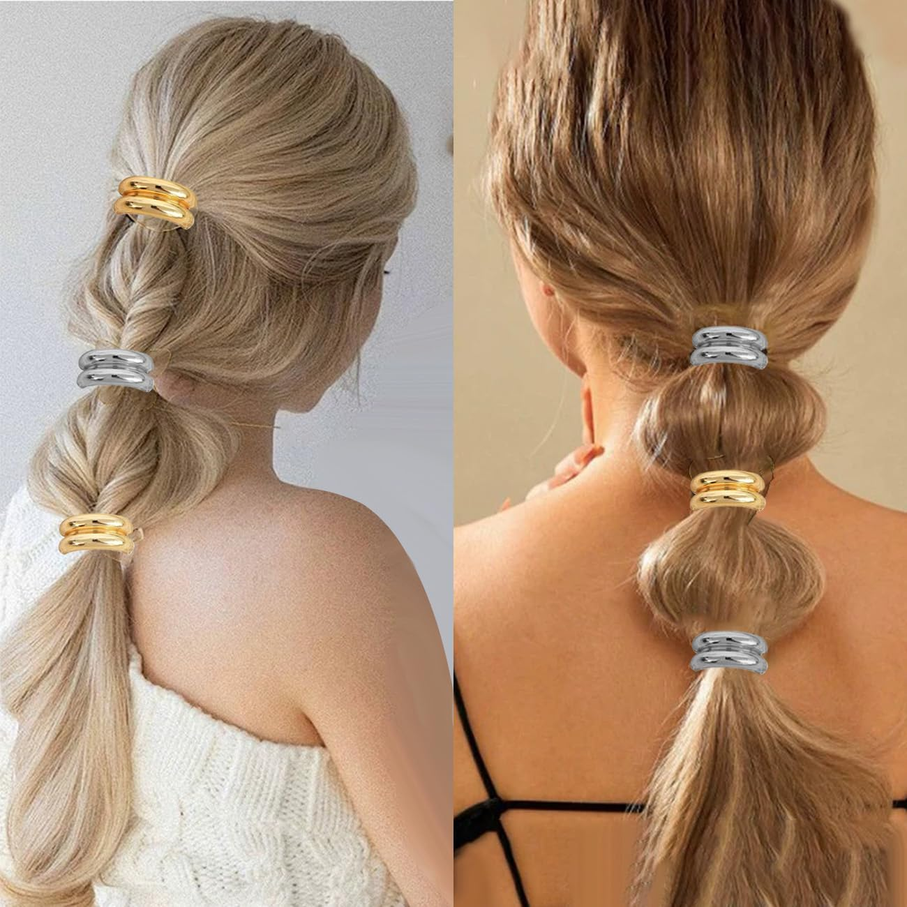 Gaodercha Pack of 4 Metal Geometric Elastic Hair Ties 2 Styles Shiny Double Bow Ponytail Hair Tie Elegant Durable Geometric Design Hair Accessories for Women image number 3