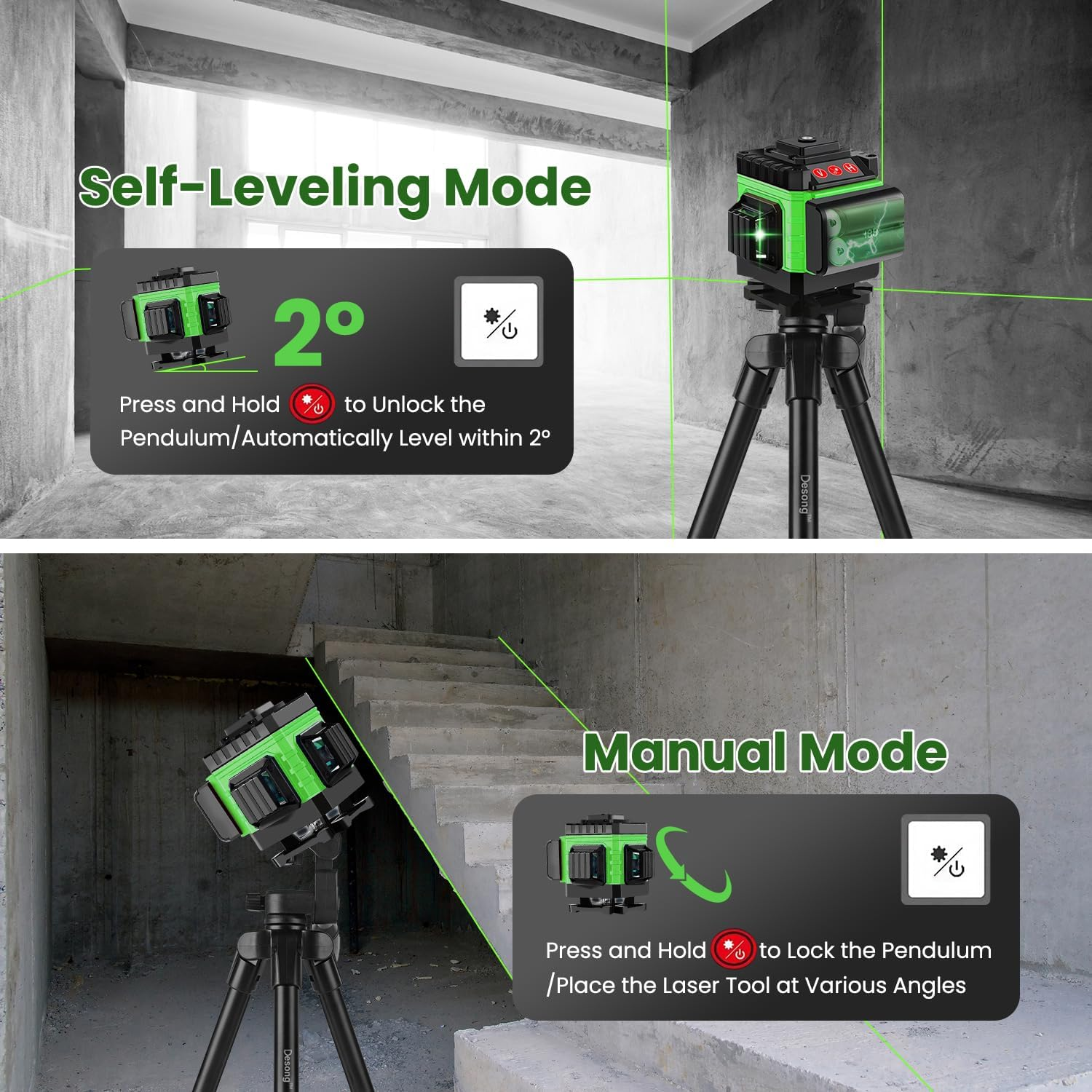 Xkimos Laser Level Green Self Leveling 12 Lines 3X360&deg;Adjustable Brightness Horizontal & Vertical Cross Line with Manual and Pulse Mode for Indoor Outdoor, 2Xbattery,Remote Control,Charger and so On image number 6