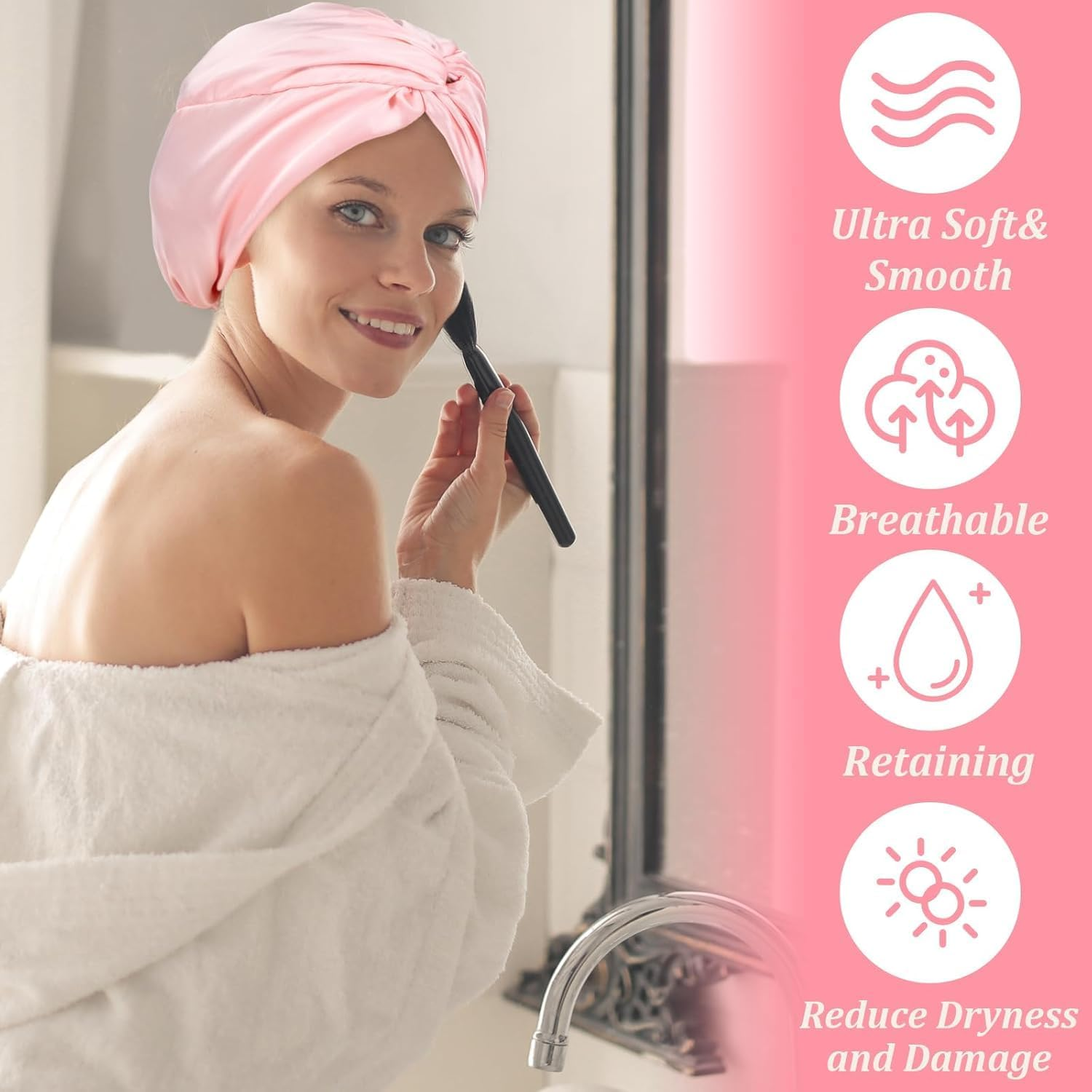 Silk Shower Cap for Sleeping Women 1PC Adjustable Silk Satin Hair Bonnet Double Layer Hair Wrap Sleep Cap Night Turban Soft Shower Cap Curly for Sleep for Long Curly Unisex (Pink, One Size)