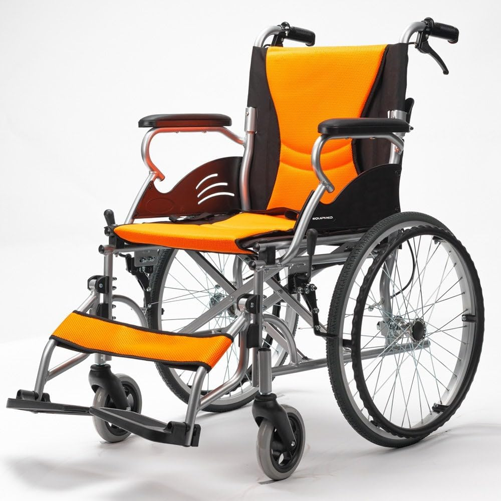 "Equipmed Folding Aluminium Wheelchair, 20"" Wheels, Park Brakes, 100Kg Capacity, Orange" image number 4