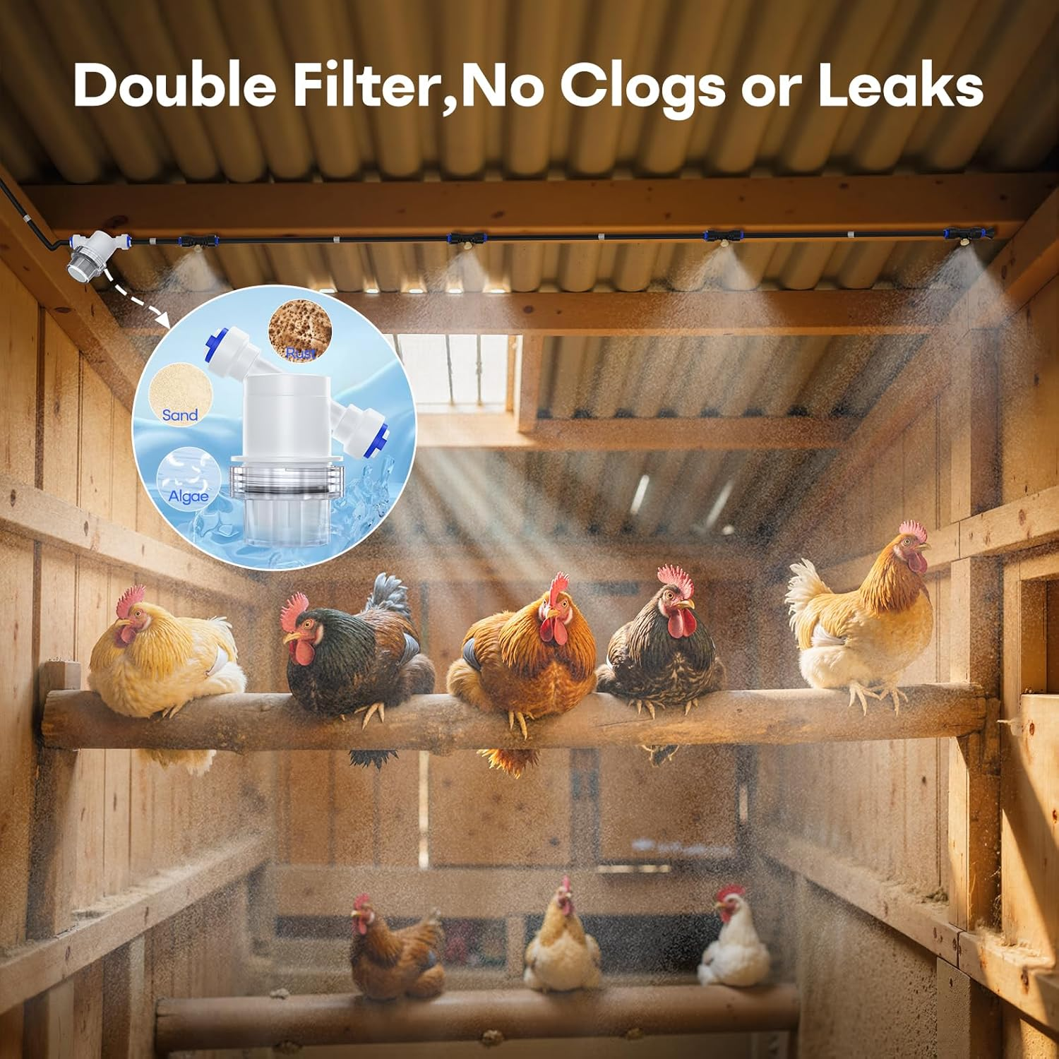 Chicken Coop Mister, 26FT Chicken Cooling System with 12 Brass Misting Nozzles, Filter, Cutter & 3/4" Adapter, Backyard Chicken Misters for Coop, Chicken Coop Accessories for Summer Heat image number 1