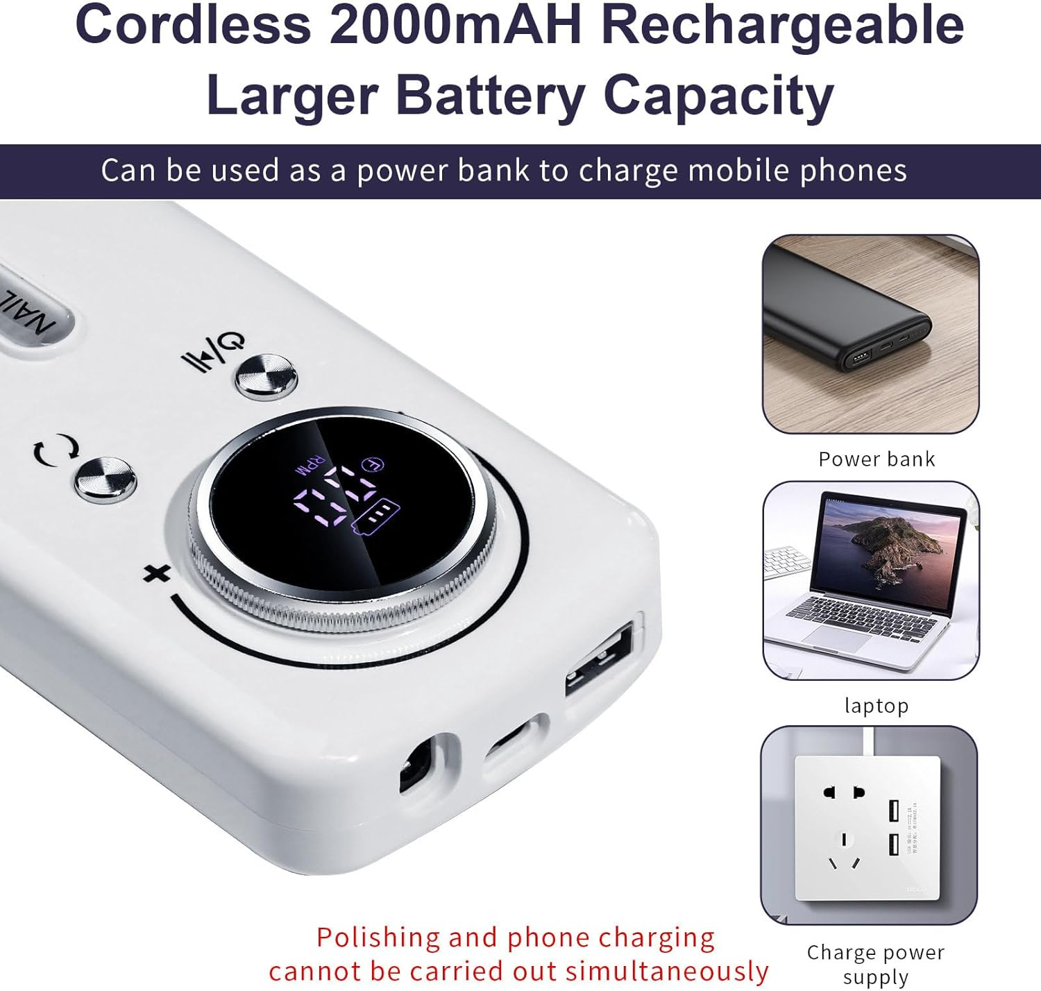 Bouzaak Professional Portable Nail Drill Kit - 45000 RPM Rechargeable Electric Nail File with 6 Bits, Cordless Low Noise for Acrylic Gel Nails, Manicure & Pedicure for Salon Home (White) image number 5