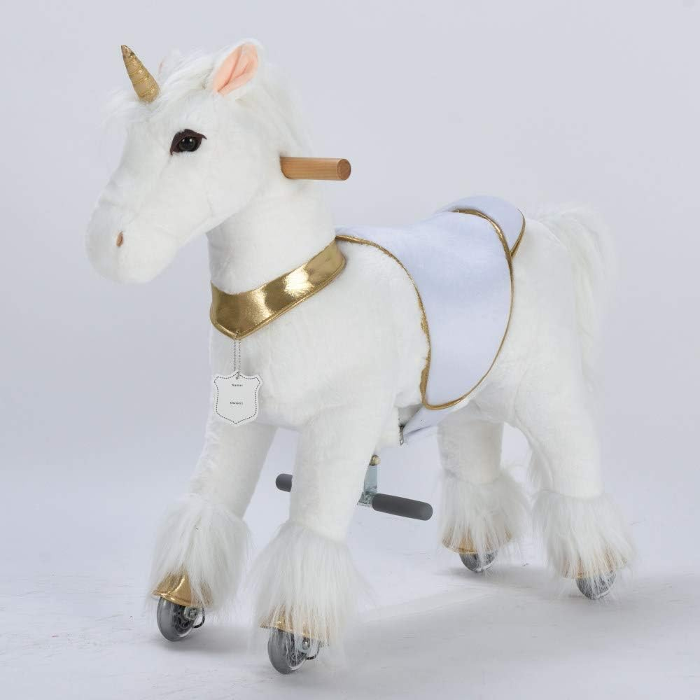 UFREE Horse Action Pony, Walking Horse Toy, Rocking Horse with Wheels Giddy up Ride on for Kids Aged 3 to 6 Years Old, Unicorn with Golden Horn