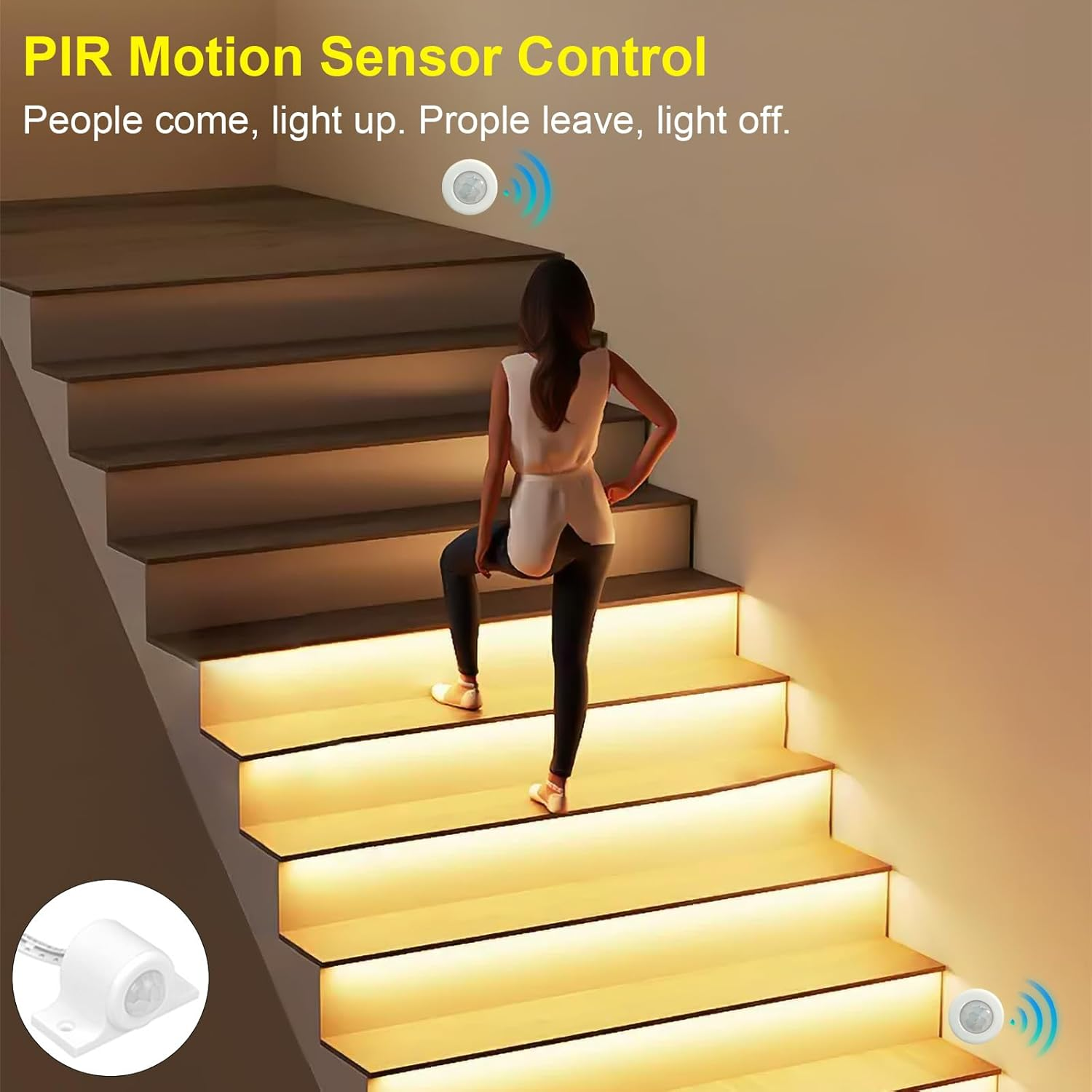 Intelligent Motion Sensor LED Stair Light Kit, Easy Installation with Main Wire, Daylight Sensor & Remote Control, 16 Steps Indoor Staircase Lighting, High Bright Warm White COB Strip CRI>90 image number 4
