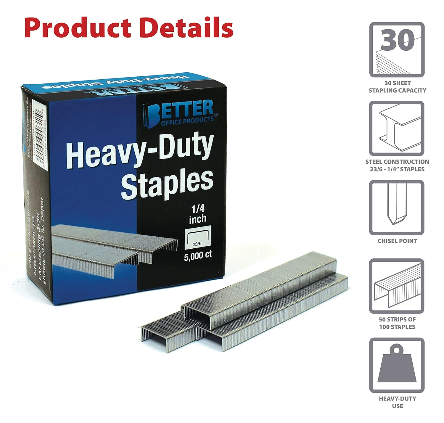 Better Office Products 5,000 Count Heavy Duty Staples, 23/6, 1/4-Inch Staples, Chisel Point Tips, High Capacity image number 4