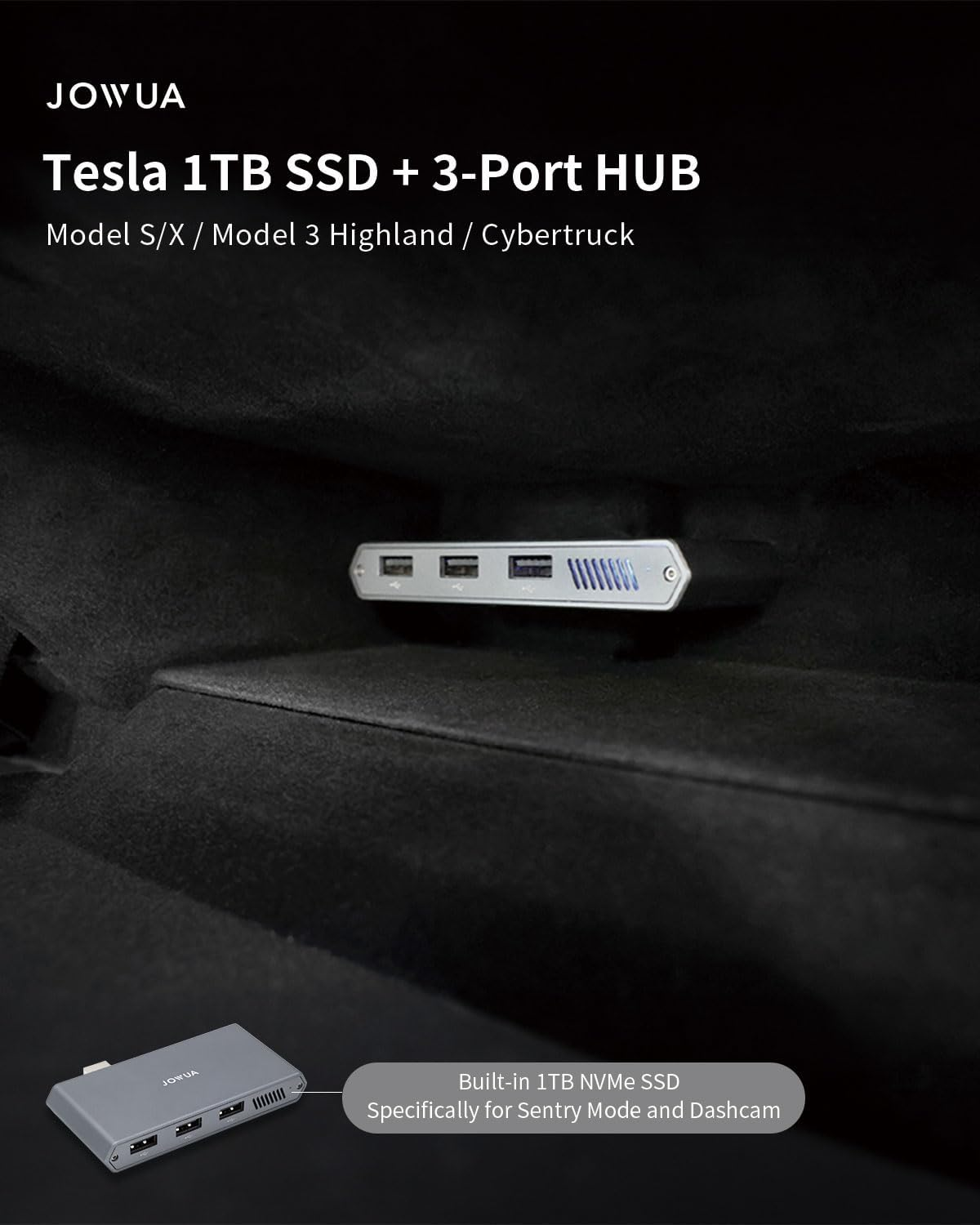JOWUA 1TB SSD 3-Port HUB for Tesla 2025 New Model Y, 2024-2025 Model 3 Highland, Model X, Model S, Cybertruck 1, 3 USB-A Ports, Supports USB 3.2 Gen 2 and M.2 Nvme SSD image number 1