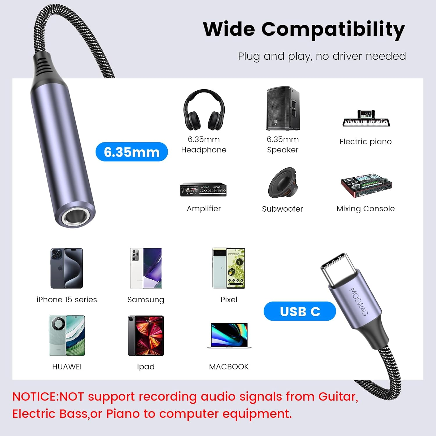 MOSWAG USB Type C to 1/4 Headphone Adapter, USB C to 6.35Mm TRS Audio Cable Stereo Jack Audio AUX Adapter Compatible with Amplifiers, Mixer, Home Theater, Smartphones, Laptop, 6.35Mm Headphones image number 1