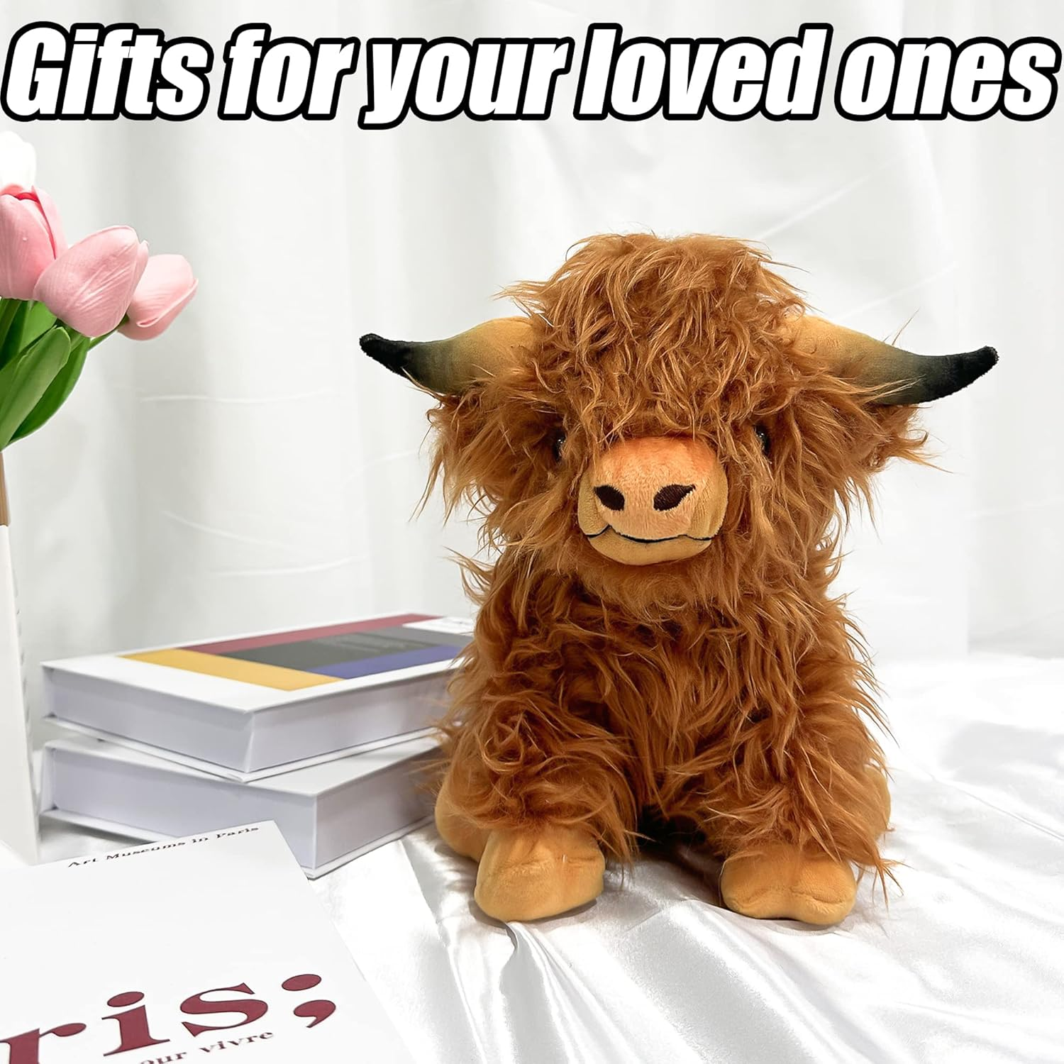 GARKALY 12 Inch Highland Cow Stuffed Animal,Scottish Fluffy Cow Plush,Cute Realistic Soft Cow Stuffed Animal Farm Decor Birthday Gift Toy for Adults Kids (Brown) image number 2