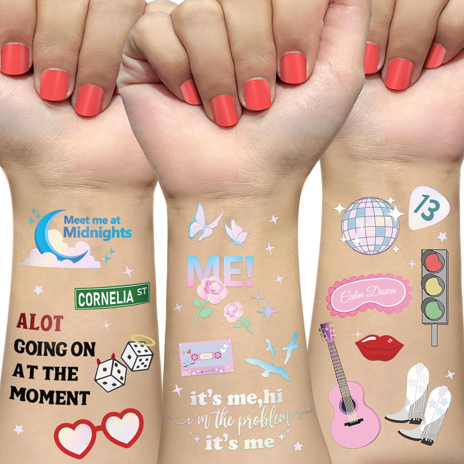 Ovasorve Eras Party Temporary Tattoos - 62 Iridescent Styles | Birthday Decorations, Fans Party Accessory, Concert Merch, Karma Theme Favor,Girls Party Supplies image number 3