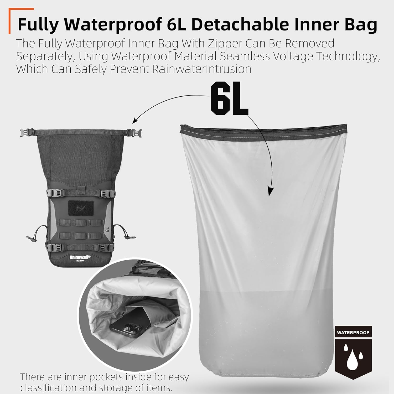 Rhinowalk Motorcycle Front Bumper Bag Tail Bag Motorbike Side Bag 6L Waterproof Motorcycle Saddle Pannier Bag with MOLLE System Professional Motor Accessories-Black image number 5