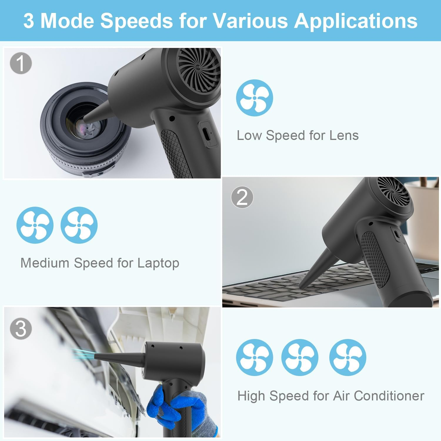 Compressed Air Duster Cleaner for PC, Electric Air Blower for PC Cleaning, 3-Speed Cordless 91000 RPM Rechargeable Reusable Compressed Air Cleaner for Laptop Computers Keyboard image number 4