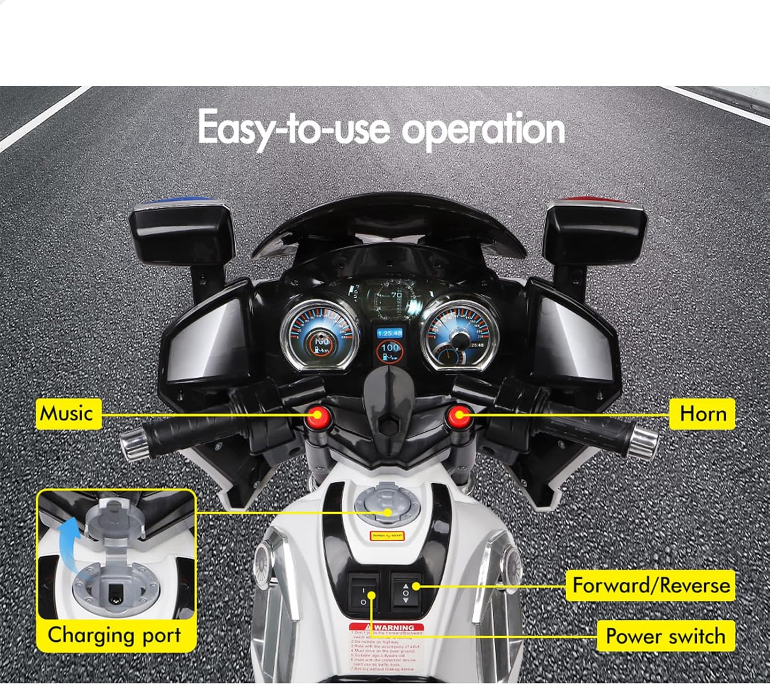 ALFORDSON Kids Ride on Car Motorbike 12V Eletric Dual Motor, Toy Tricycle with Music Player & Brilliant Lights, Ride-On Design Children Vehicle for Toddler, S1K Inspired, White