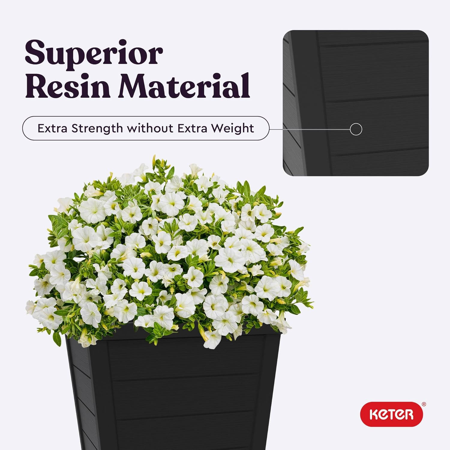 Keter Set of 2 Resin Modern Outdoor 22 Inch Tall Large Flower Pots, Tapered Wood Look Planters for Outdoor Plants and Front Porch Decor, Graphite