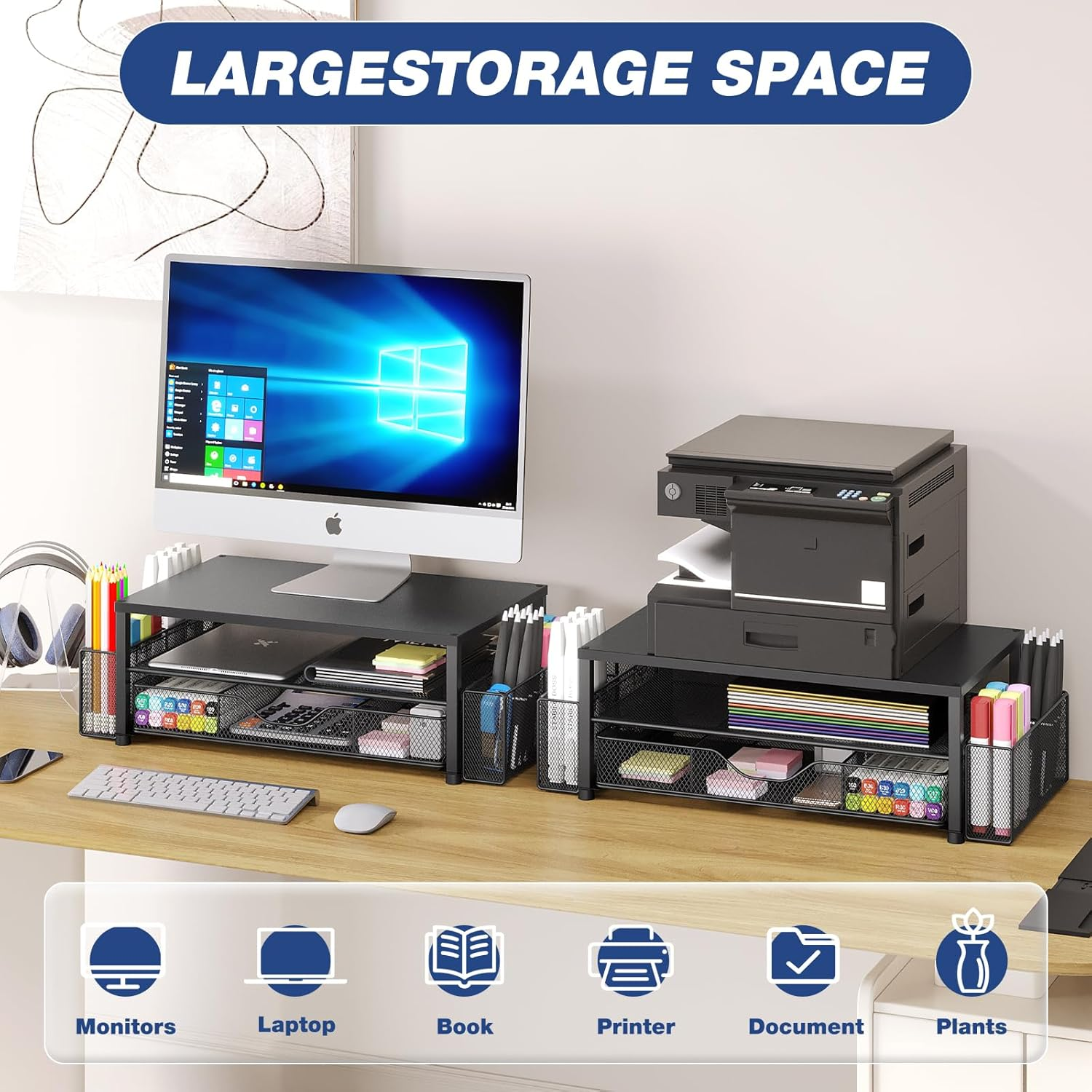 OPNICE Modern Minimalist 2-Tier Computer Monitor Stand with Drawer and 2 Pen Holders, Black image number 5