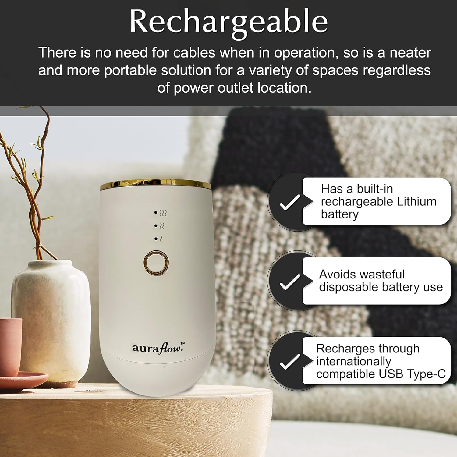 AURAFLOW [Australian Owned Small Business] Portable Waterless Essential Oil Aroma Diffuser for Home, Office, Bed, Car, Yoga, Sleep and Aromatherapy (White and Gold) image number 3