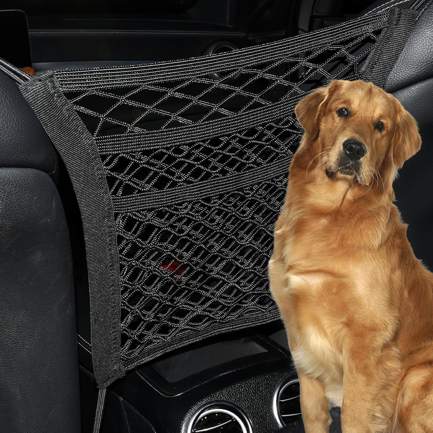 VEHIRIE Sedan Mesh Net Organizer between Seats Gap Filler Handbag Purses Holder Netting Snack Storage Pet Kid Barrier for Car/Suv image number 3