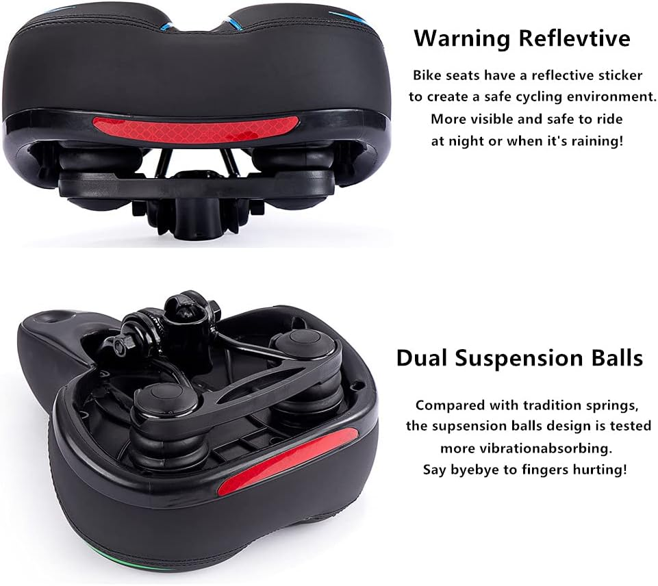 Bicycle Seat, Comfortable Exercise Bike Seat Cushion for Men and Women, Universal with Dual Shock Absorbing Ball Mountain Bike Oversized Extra Road Wide Bicycle Saddle with Reflect.
