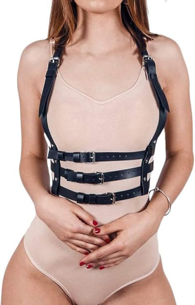 Women Rave Body Chest Harness Waist Belt Caged Bra Festival Dance Club Party Black image number 3