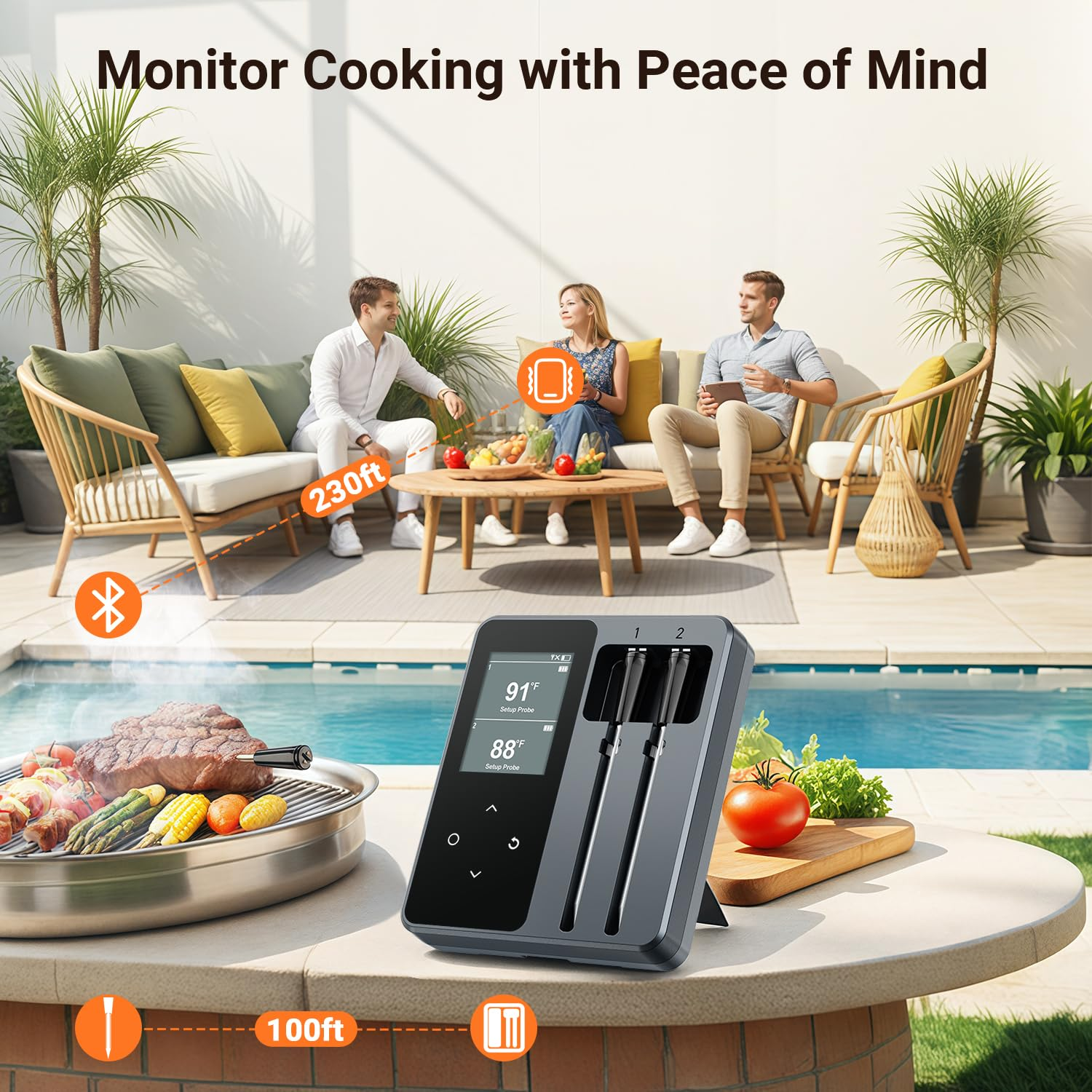 Dual Probes Bluetooth Meat Thermometer, INSMART 330FT Range Wireless Meat Thermometer with LCD Screen, Smart APP Cooking Probes for BBQ Oven Grill Smoker Kitchen Air