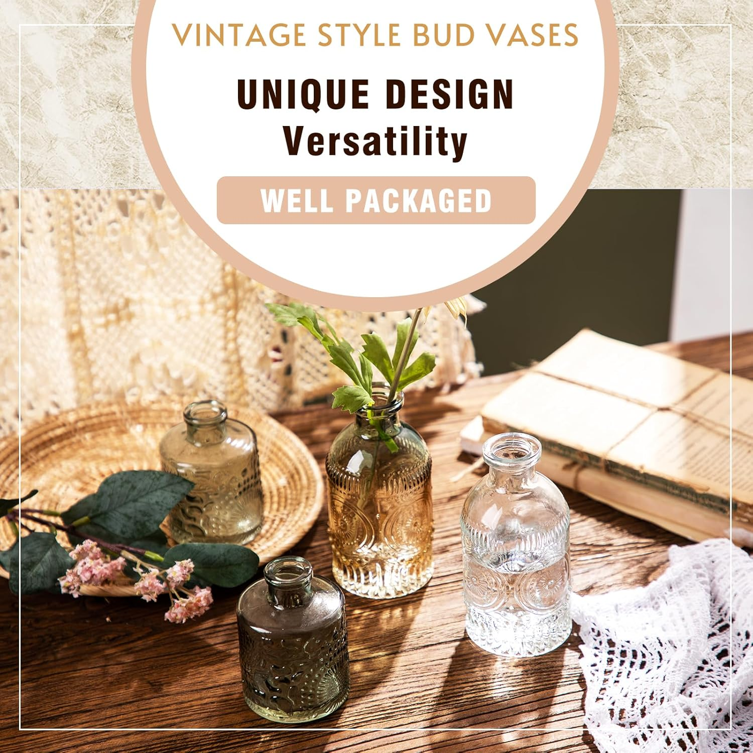 Glass Bud Vase Set of 3, Small Flower Vases for Decorative, Gradient Glass and Embossed Style Mini Glass Bottles for Home Decor, Vintage Glass Bottles for Centerpiece 3.3"-5.2''H(Green) image number 2