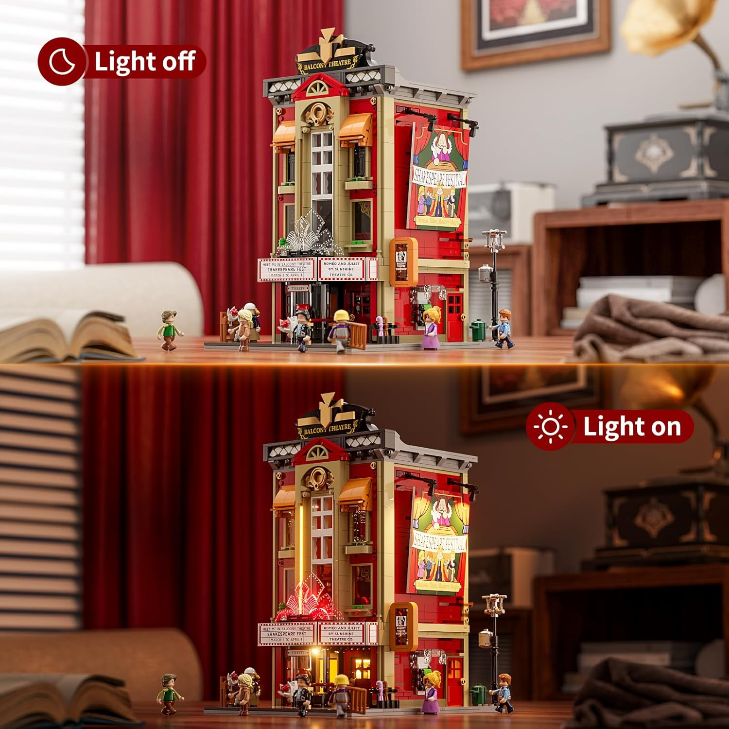 FUNWHOLE Balcony-Theatre Lighting Building-Bricks Set - City Town Creator House LED Light Multi-Form Modular Collectible Display Kit 2445 Pcs for Adults and Movie Lovers image number 6