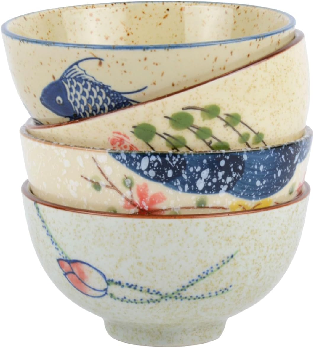 Ceramic Soup Rice Bowl 4.5 Inch Set of 4 Vintage Japanese Creative Hand Painted Floral Ceramic Soup Bowls 10 Ounce Ramen Bowl Set Noodle Bowl Microwave Dishwasher Safe