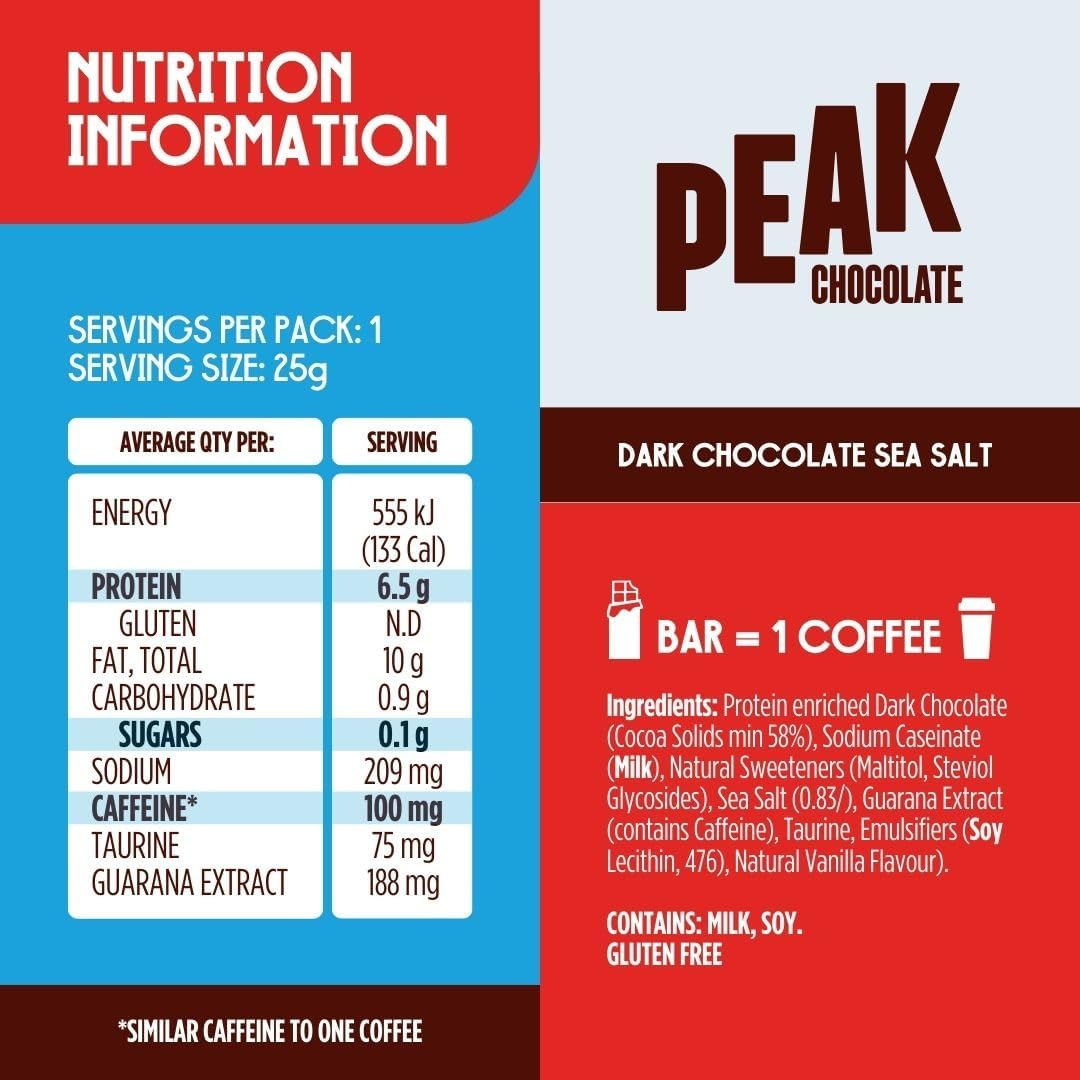 Peak Energy Caffeinated Dark Chocolate Energy Bars with Sea Salt - Sugar Free Chocolate, High Protein, 100Mg Natural Caffeine, Healthy Snack for Energy and Focus - Keto-Friendly - 14 Bars image number 5