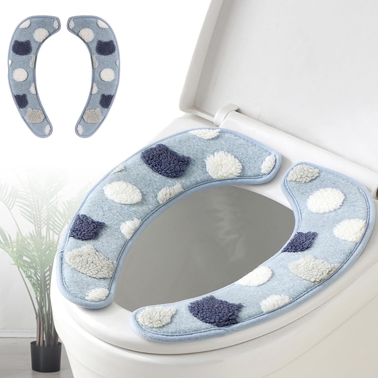 Iensen Thick and Warm Toilet Seat Cover &ndash; Washable, Reusable Cushion with TPR Adhesive Back & Decorative Pattern for Comfort & Insulation (Blue)