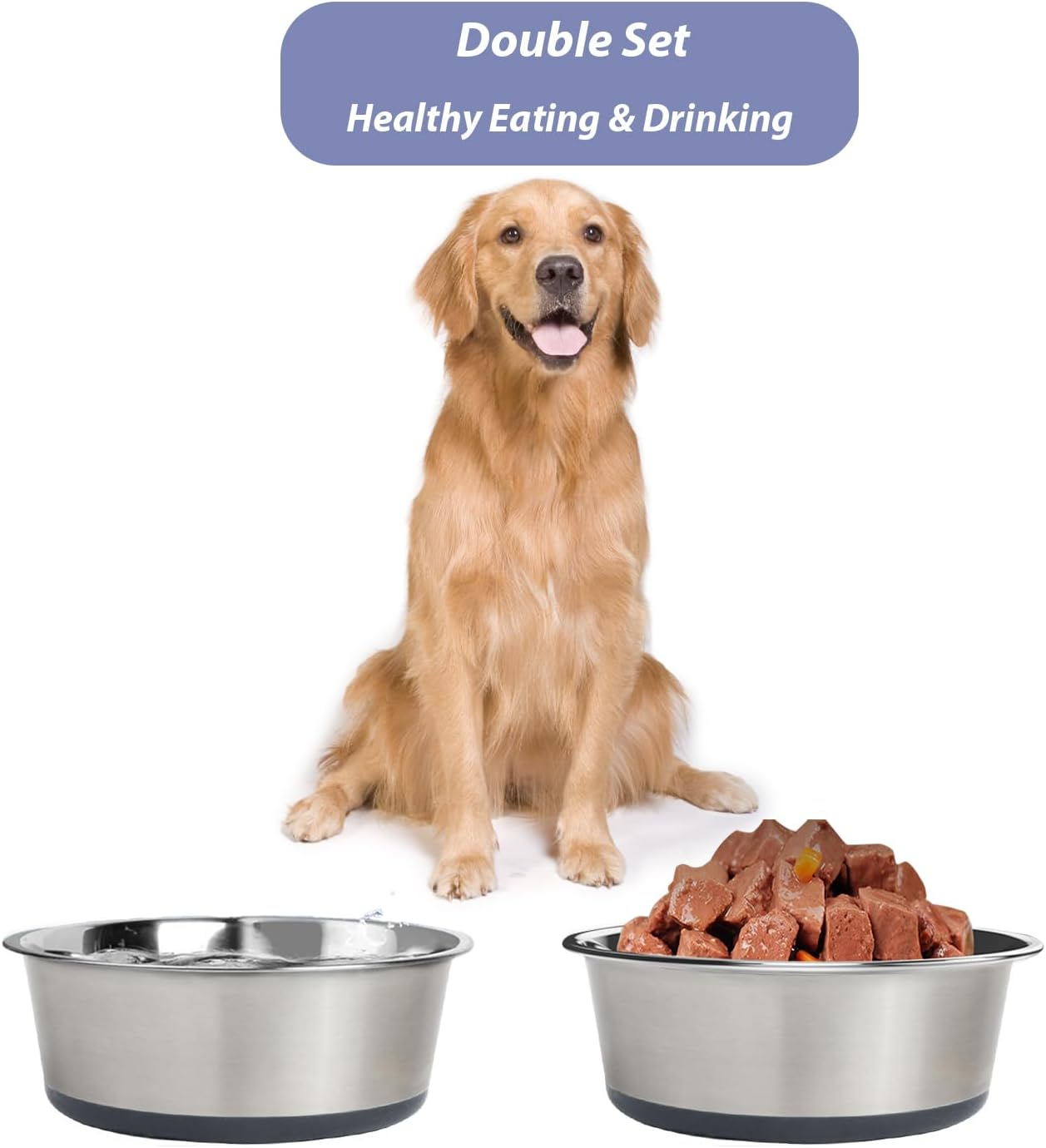 Stainless Steel Dog Bowl Set Metal Dog Bowls - Heavy-Duty with Non-Slip Rubber Base, Food Grade, Rust Resistant for Small to Medium Dogs, Easy to Clean and Dishwasher Safe (0.9 Litre Each, Set of 2)