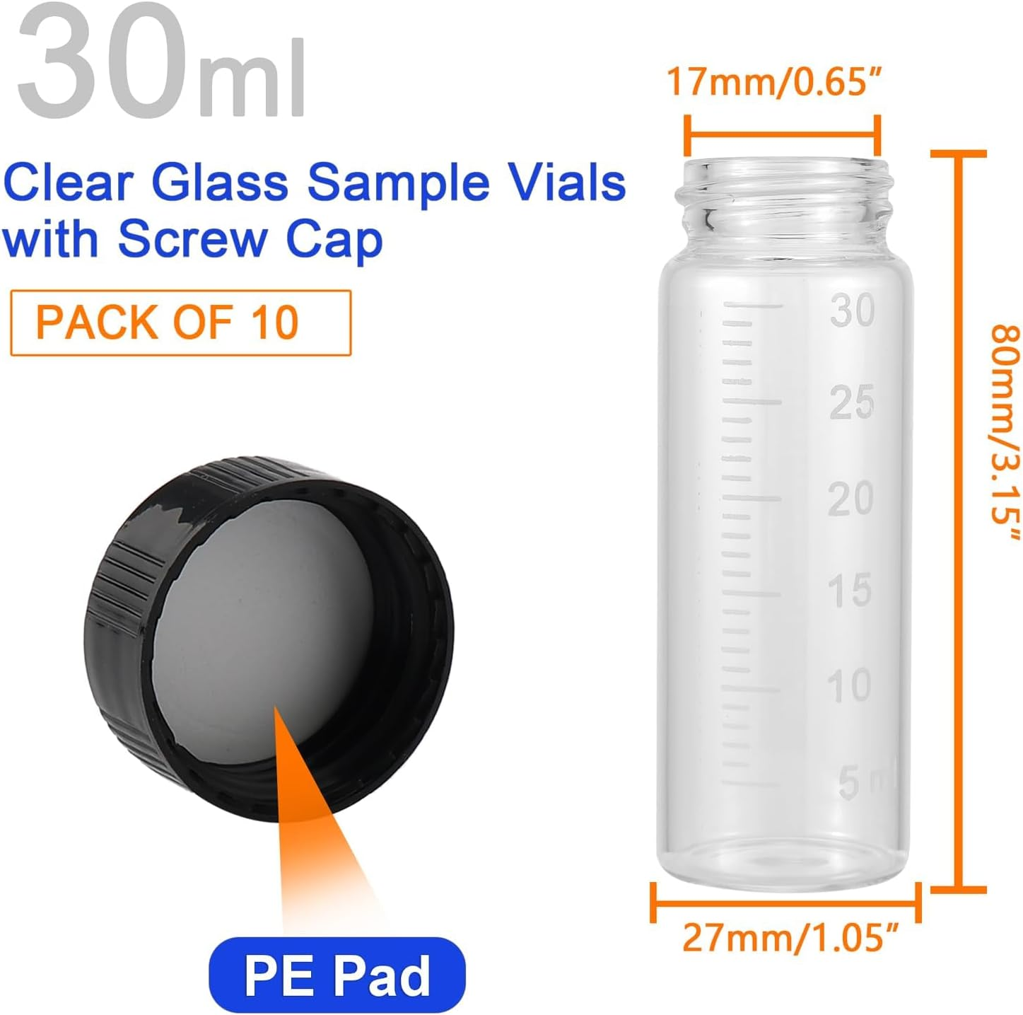 Jarlathy 10 Pack 30Ml (1 Oz) Glass Sample Vial Clear Graduated Measuring Bottles Empty Reusable Liquid Vials with Plastic Screw Cap and 10 Funnels image number 3