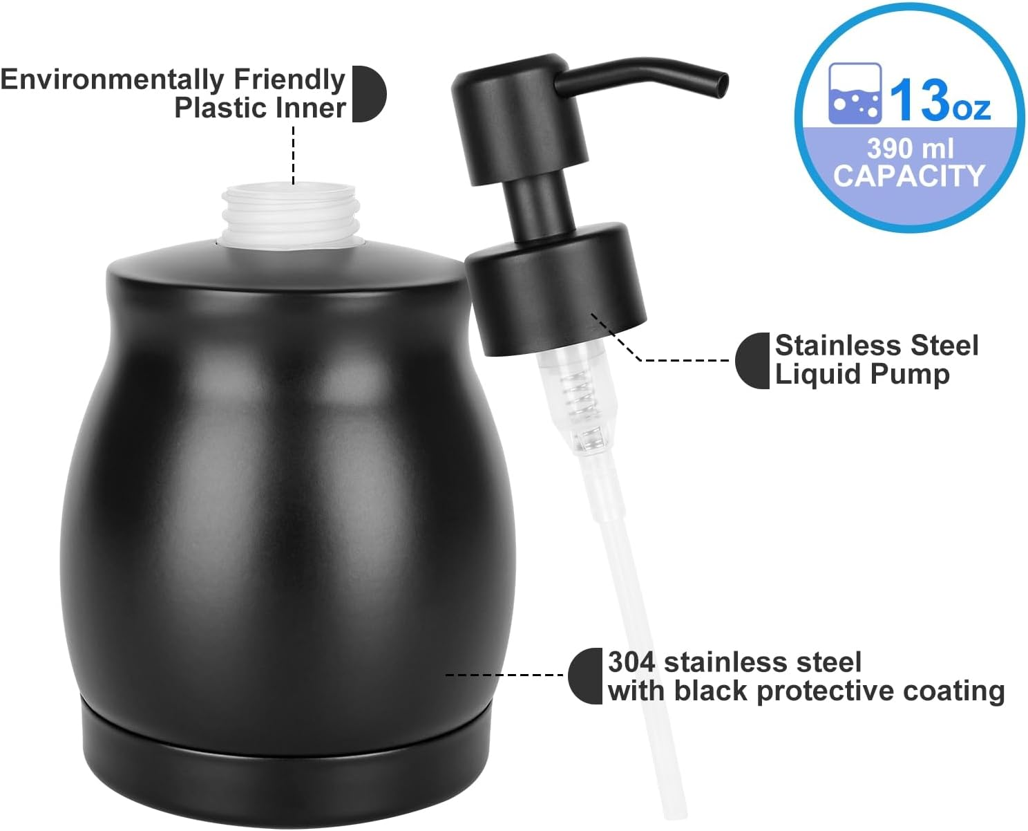 LALA DOLCE Black Stainless Steel Soap Dispenser, Modern Countertop Liquid & Lotion Dispenser for Kitchen and Bathroom-Rustproof Pump, Easy Refill & Clean-Elegant Home or Commercial Use (Black, 390Ml)