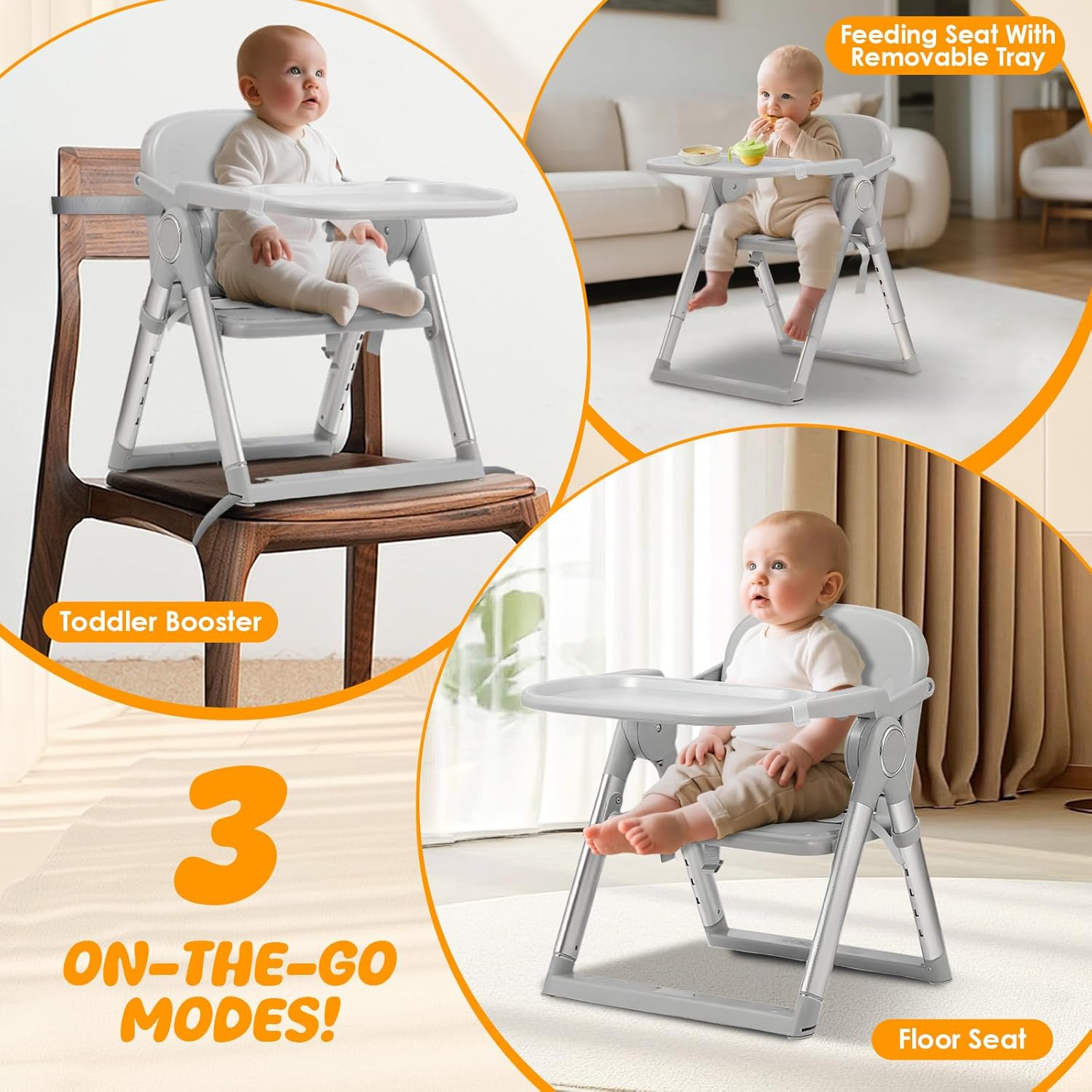 3-In-1 Portable Booster Seat for Babies and Toddlers Adjustable Height with Removable Feeding Tray for Indoor/Outdoor 6 Months - 3 Years with Carry Bag image number 2