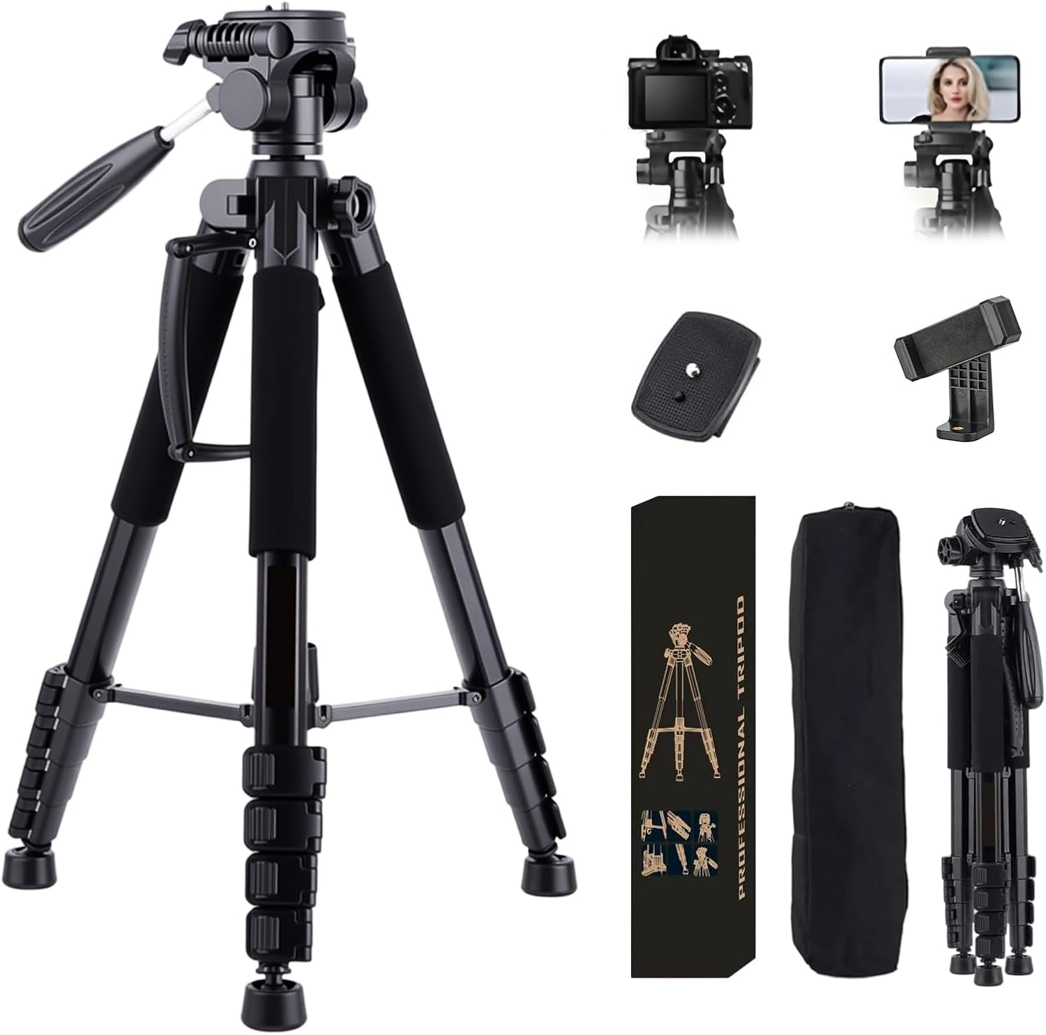 STEUGO 74"/188CM Camera Tripod Stand, Foldable Aluminum Tripod, 360&deg; Ball Head Detachable Camera Tripod, Spotting Scope Tripod with Carry Bag, Support Canon,Sony,Nikon,Dslr Camera, Cellphone (Black) image number 3