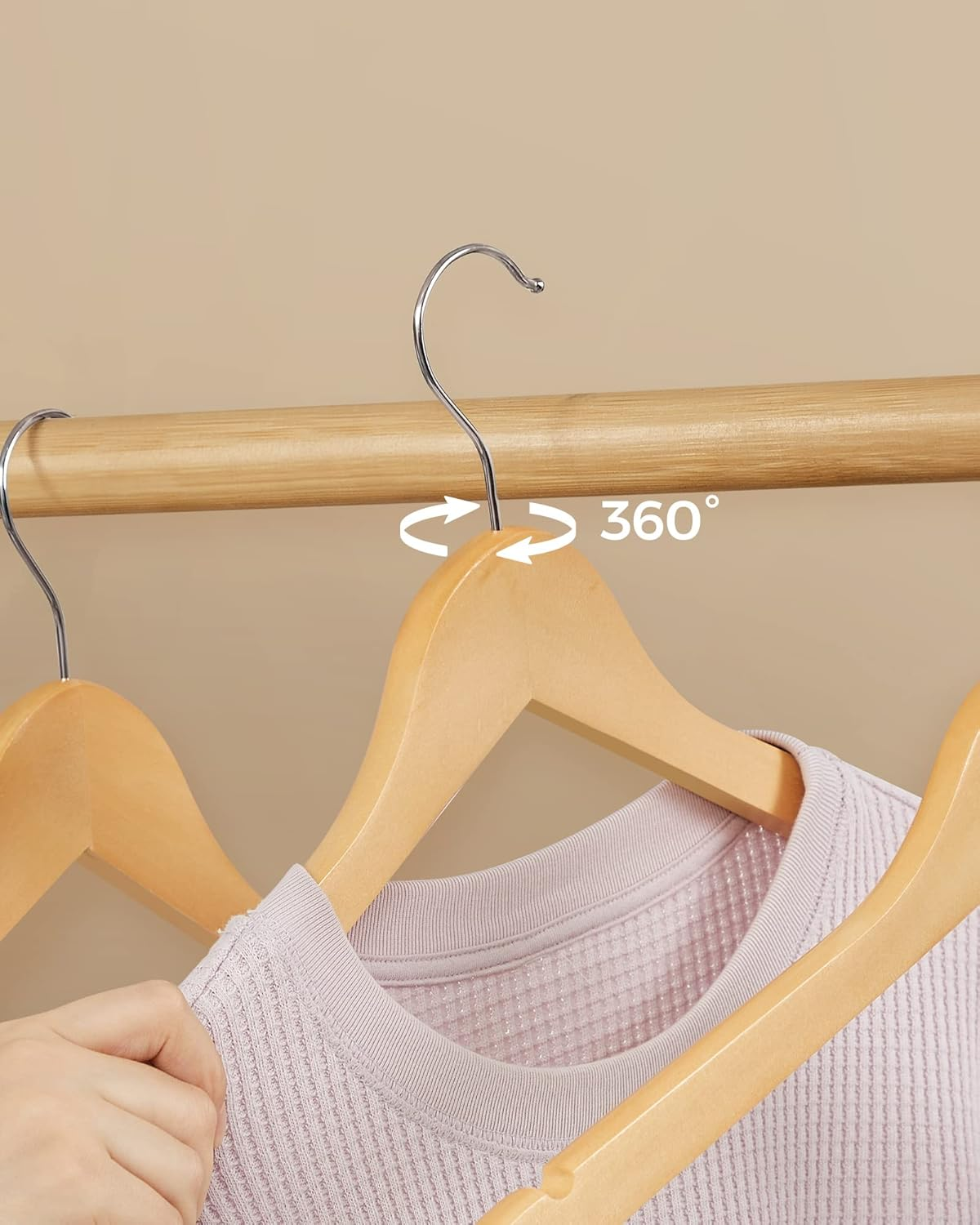 SONGMICS Wooden Hangers, Set of 30, Coat Hangers, Clothes Hangers, with Shoulder Notches, Anti-Slip Trousers Bar, 360&deg; Swivel Hook, for Suits, Shirts, Coats, Natural CRW031NL image number 5