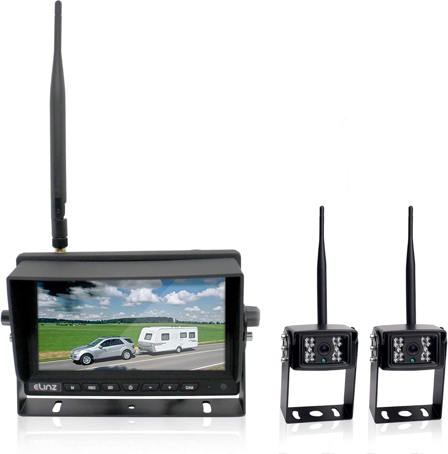 Elinz Wireless Reverse Camera 7" Monitor with 2 Reversing Camera Kit, Caravan, Truck, Bus, Trailer,Rv Splitscreen 2 Channels AV Inputs image number 4