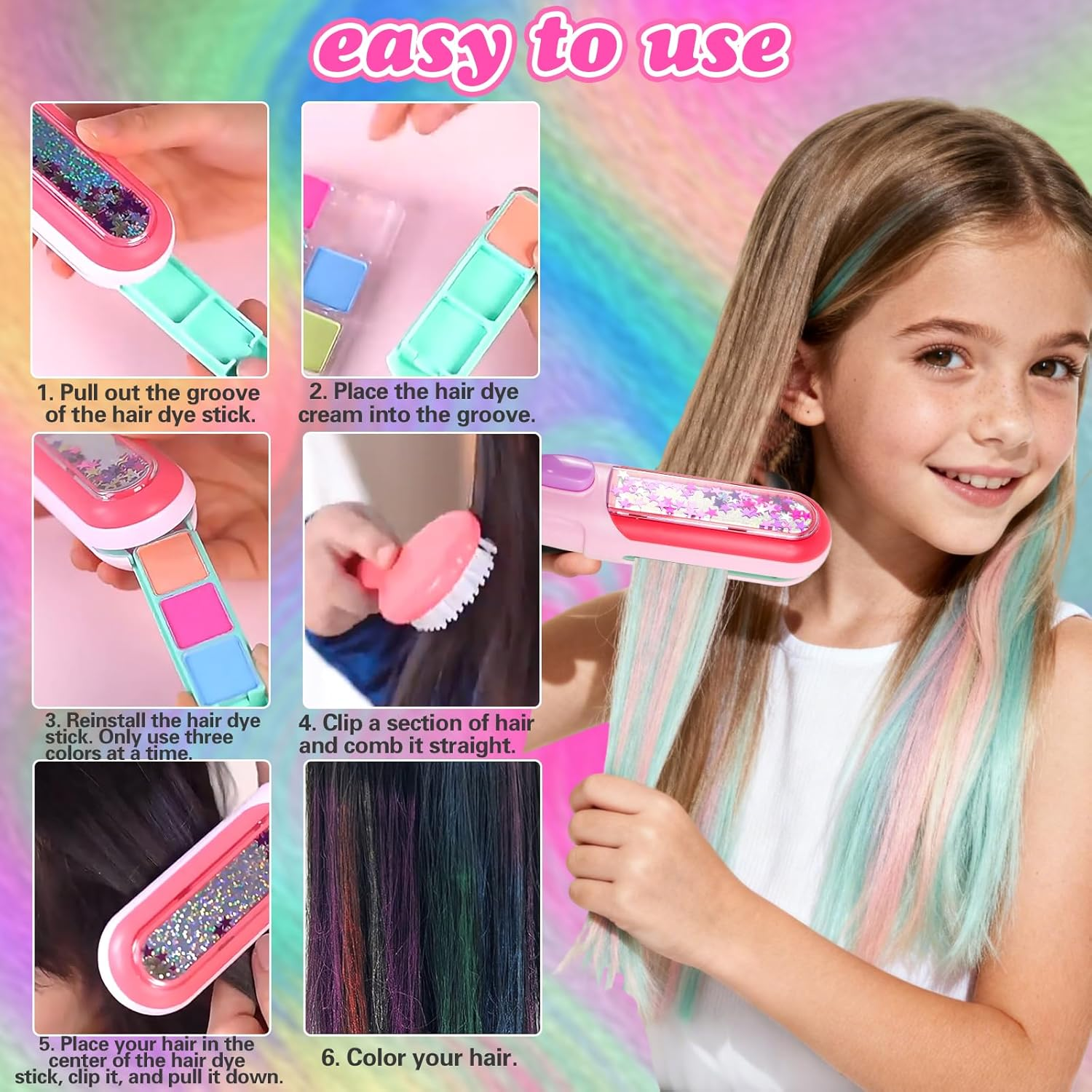 PIWOSGOL Hair Chalk for Girls Set, 6 Washable Colours Hair Chalk for Children with Hairpins, Combs and Hair Dye Pens, Creative Birthday Gift for Children 5 6 7 8 9 10 11 12 Years image number 6