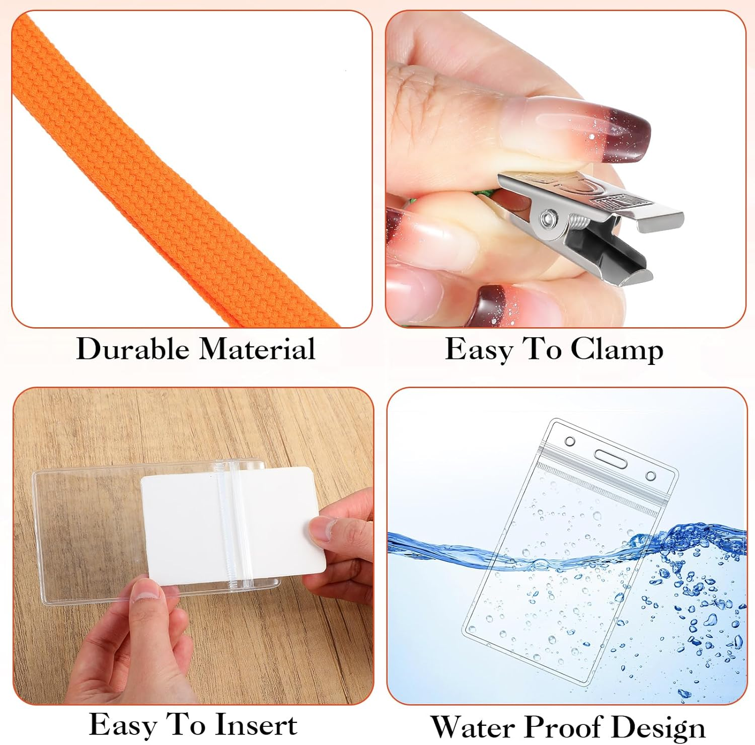 Marspark 100 Pcs Name Tag Lanyards with ID Holder Lanyards for ID Badges Resealable Flat Neck Name Tag with Clip Waterproof Plastic Clear Badges Bulk for School Office Supplies (Orange)